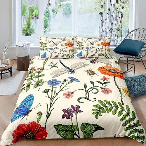 Juego de funda de edredón con temática de naturaleza para niños, niñas, adolescentes, mariposa, libélula y hojas, estampado floral, funda de edredón