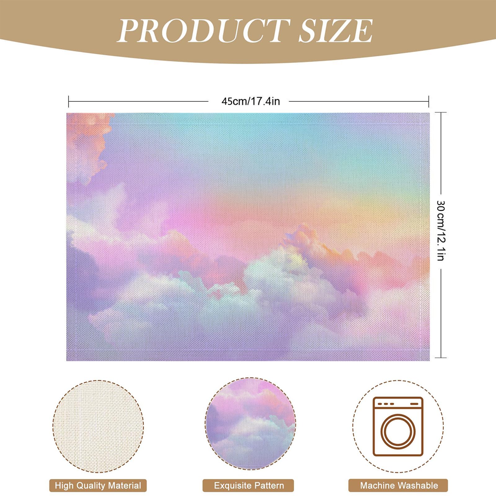 Tovaglietta Americana Sogno in Cotone Lino Rettangolare - Tovagliette Set di 8 Nuvole Arcobaleno Resistente al Calore per La Cucina, Il L'Ufficio, 30 x 45cm