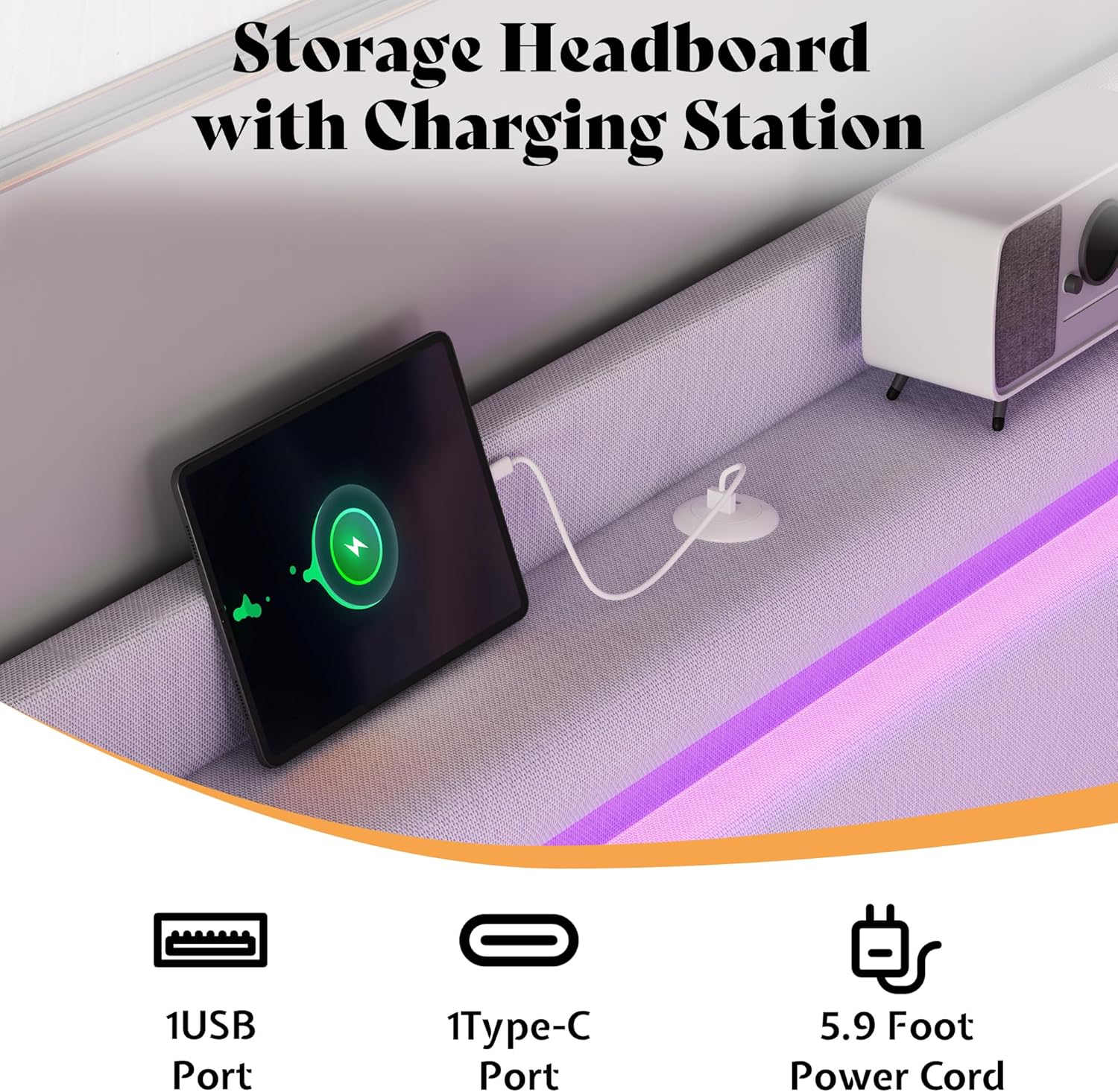 AMERLIFE King Size Upholstered Platform Bed Frame with RGBW LED Storage Headboard, 4 Foldable Storage Drawers & Charging Station, Soft Linen Fabric, No Box Spring Needed, White