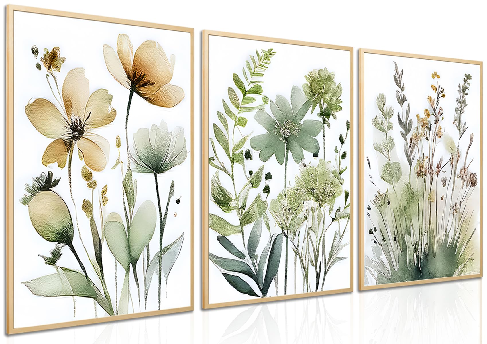 LMYSXAOZ Unframed Boho Floral Wall Art Sage Minimalist Green Bathroom Poster Decor Watercolor Botanical Prints Canvas Painting Wildflower Picture for Bedroom living Room 16x24 Inch Set of 3