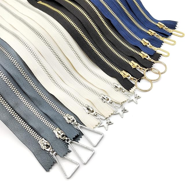 Metal Zipper fo Sewing 12 Pcs, 4 Sizes 15/20/30/40cm Mixed Colored Zipper with Geometry Metal Slider Close End DIY Craft Sewing Zipper for Pouch Tote Bag Purse Cushion and Pencil Case Clothes