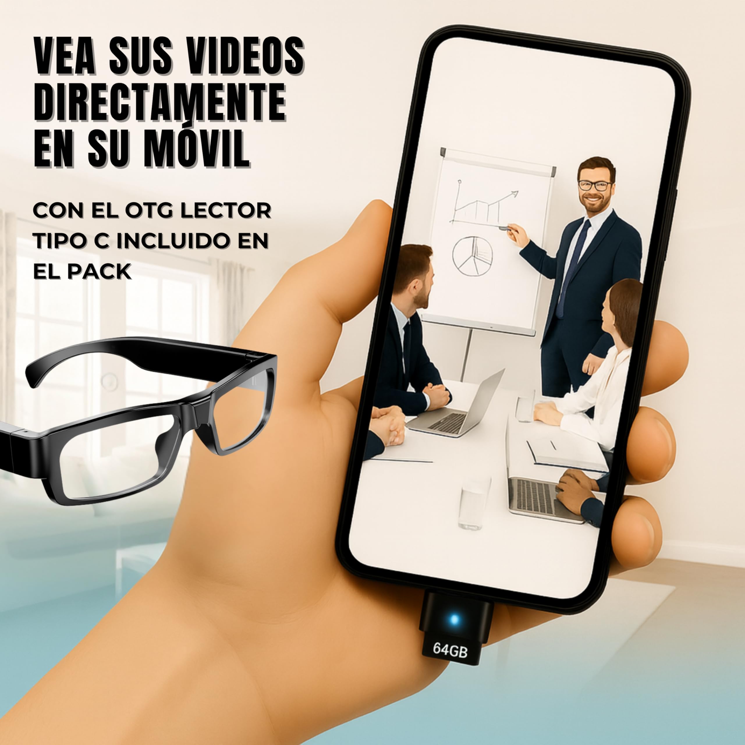 Mini Camara Espia Oculta Camuflada, Gafas con Camara Sin AGUJERO DE LENTE, FULL PACK (MicroSD 64GB C10 + Lector + OTG Type-C para Ver en el Móvil + Funda), Sin LUZ DE GRABACIÓN, Grabación en Bucle.