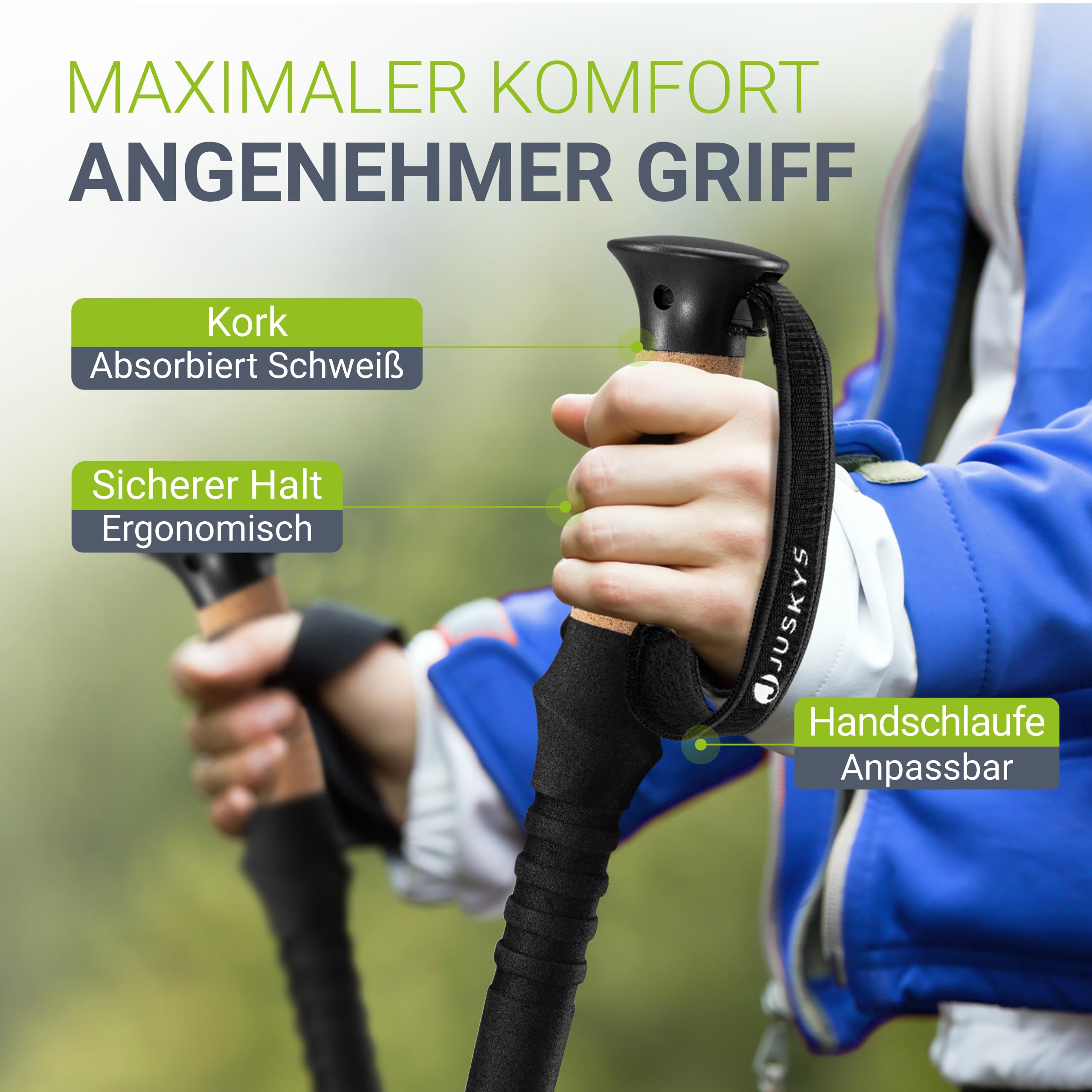 JUSKYS® Wanderstöcke - 2 Alu Teleskop Nordic Walking Stöcke, leicht & ausziehbar, Damen & Herren, mit Gummipuffer & Tasche, Kork Griff - Schwarz