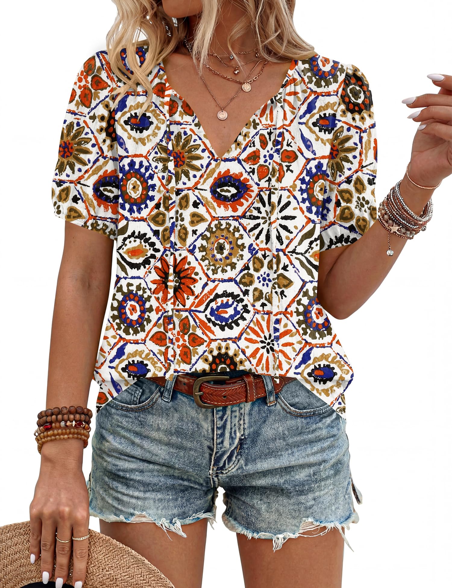 Rapbin Bluse Damen Sommer Boho V-Ausschnitt Vorn Gebunden Oberteile Kurzarm Lässige Lockere Fließende Tunika Tops Damenblusen Elegant