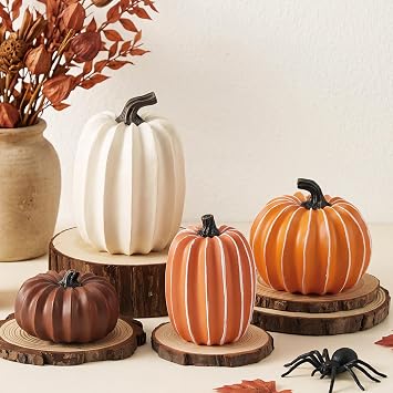 Yalikop 4 Pcs Fall Pumpkin Decor Pumpkins for Decorating Harvest Fake Resin Pumpkin Figurines Table Centerpieces for Thanksgiving Halloween Home Decorations indoor outdoor Orange, Brown, White,Resin