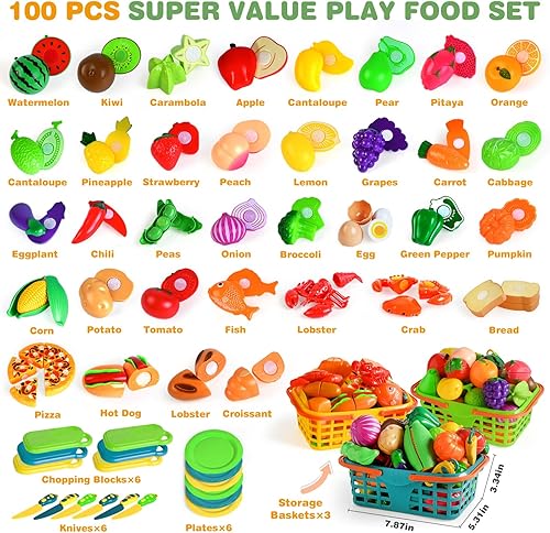 Miniatura 2 de Juego de comida para niños de cocina, 100 piezas de juguete de cocina para niños pequeños, cortar alimentos falsos, frutas y verduras accesorios con