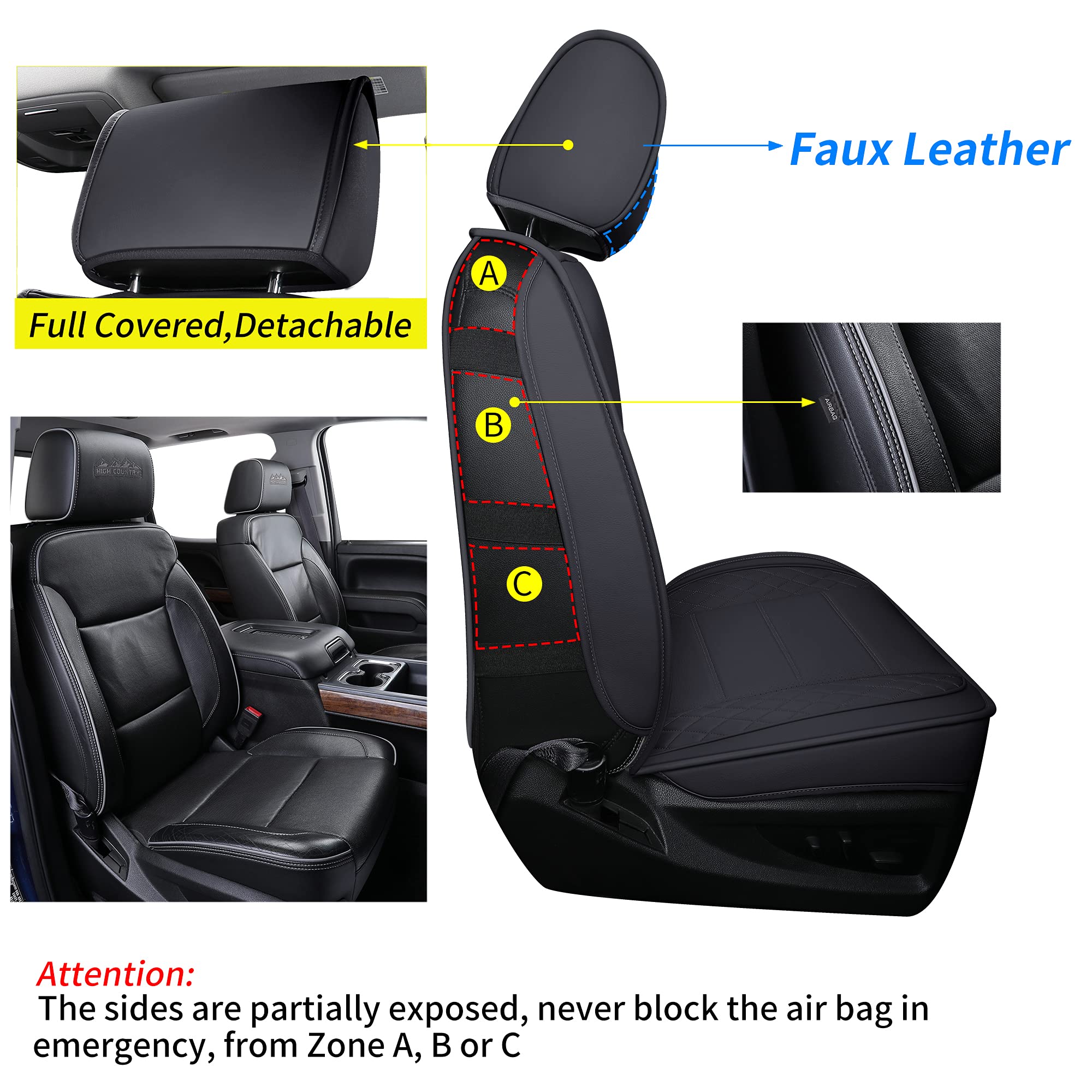 LUCKYMAN CLUB Chevy Silverado/Sierra Front Seat Cover X04-S3, Fit 2007-2025 1500/2500 HD/3500 HD Crew, Regular, Double/Extended Cab with Water Proof Faux Leather (Front only, Black)