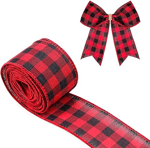 MuRealy Cinta de borde con alambre, cuadros negros y rojos, 10 yardas y 2.5 pulgadas, cinta de poliéster con alambre, cintas decorativas para