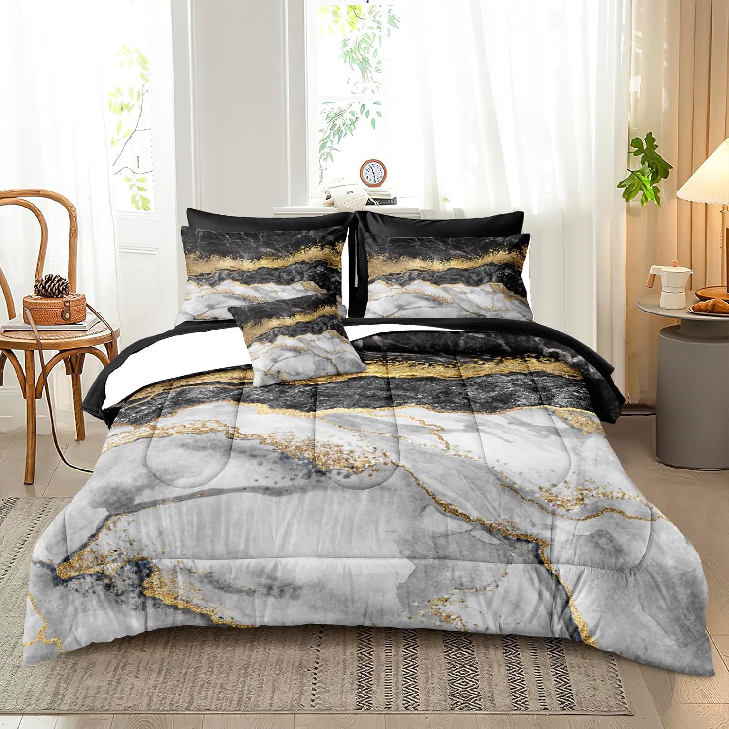 Bedbay Twin Bed in a Bag 6 Pieces Black and Gold Marble Comforter Set Grey Gold