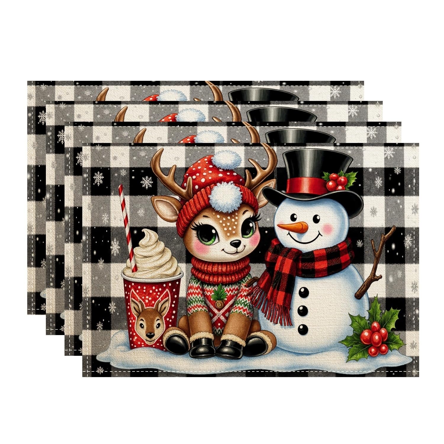 Christmas Reindeer Snow Man Placemats, Cute Holiday Plaid Place Mats for Dining Table, Winter Festive Non-Slip Washable Indoor Outdoor Kitchen Party Decorative Placemat Set of 4