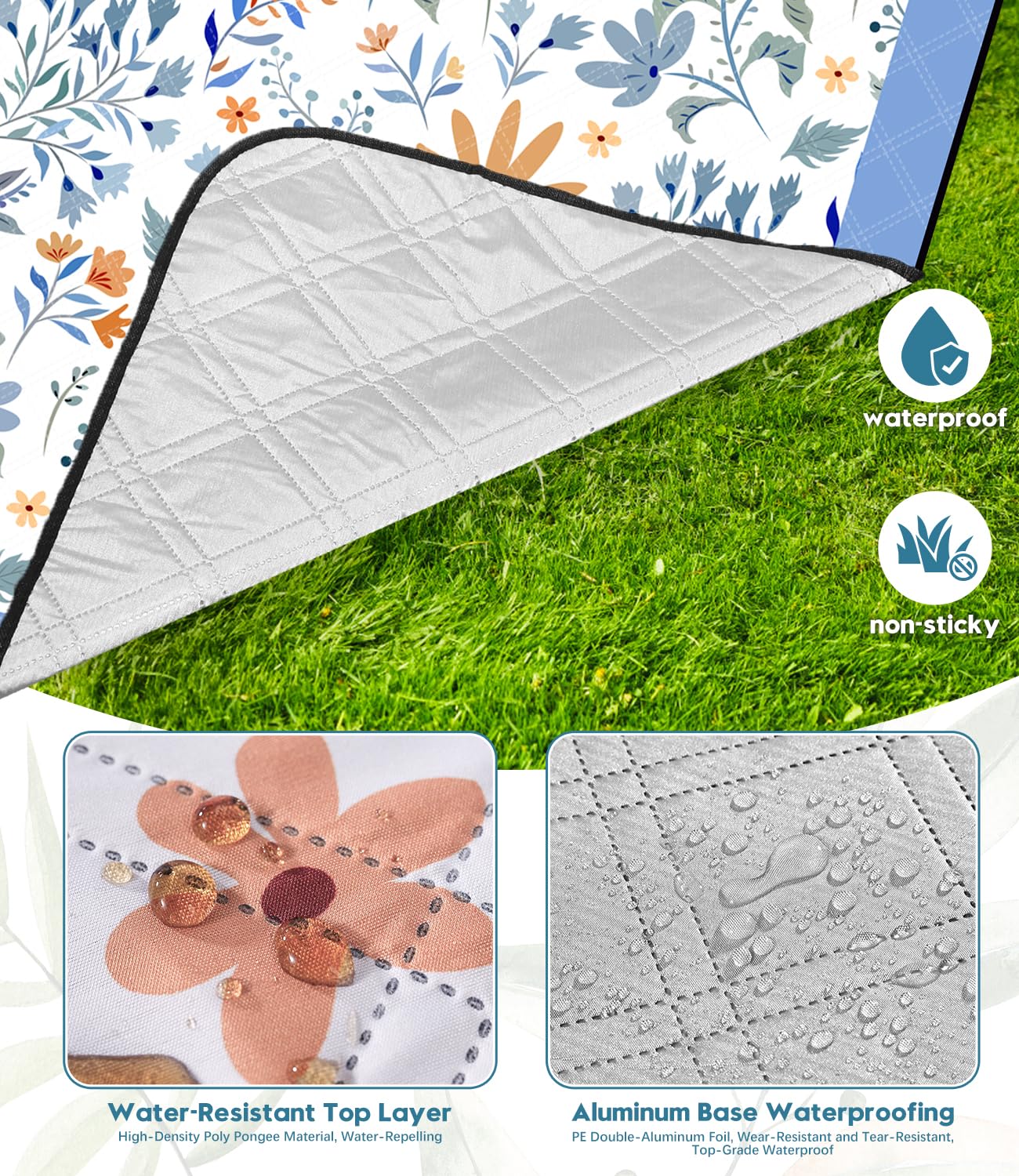 DEWUR Couverture de Pique-Nique imperméable Lavable Couverture de Plage Sandfrei XXL Couverture de Camping Tapis de Plage isolé avec Dessous imperméable (Blanc avec des Fleurs, 200 x 200 cm)