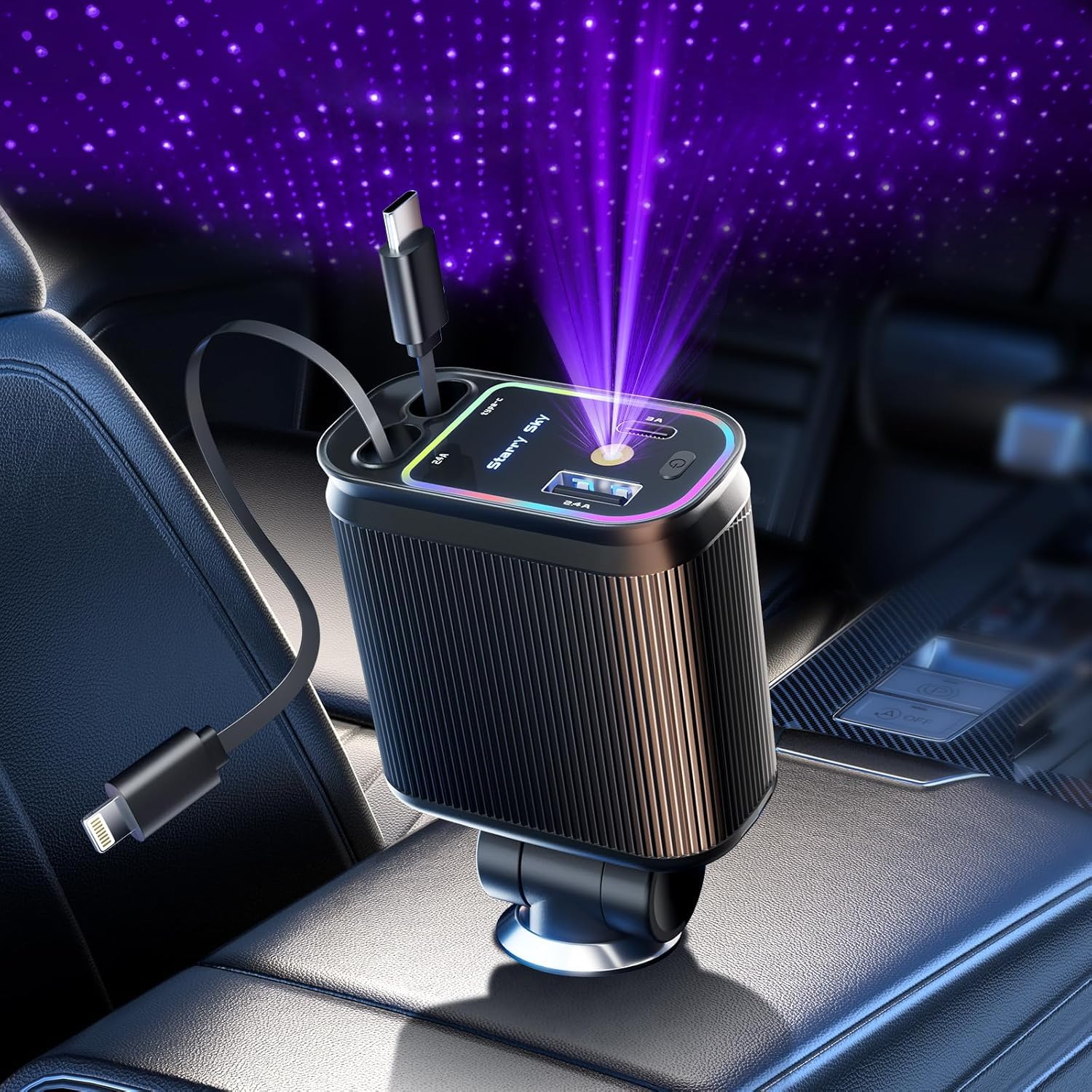 JOYMASS 120W Ultra Fast Car Charger – 4 in 1 Retractable Charger with USB-C Cable & Purple Starry Sky Lights, Dual USB Port, 180° Adjustable, Compatible with iOS & Type-C Device(Charger-C3)-image-42