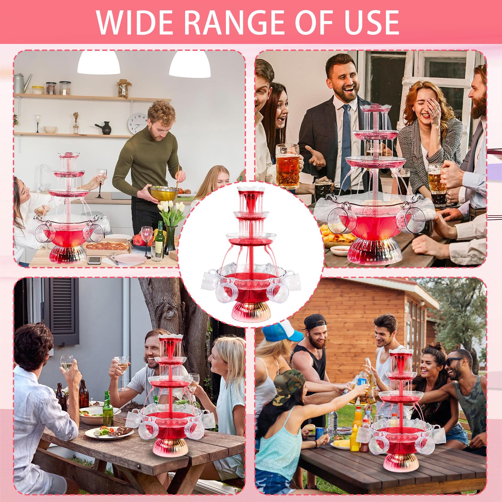3 Niveaux Fontaine de Fête avec Boissons Réutilisables, Vin Éclairé LED, Fontaine à Boire pour Pubs, Fêtes et Anniversaires