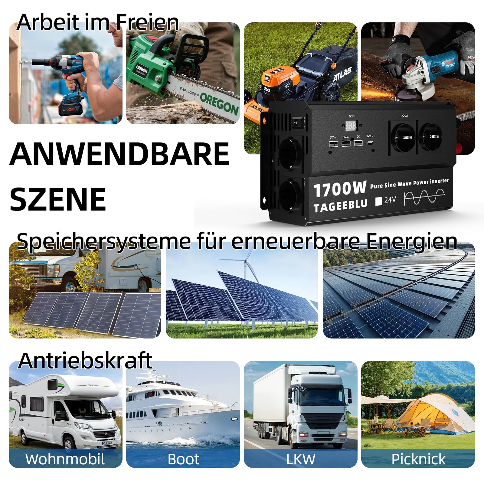 1700W inverter 24v 220v Onda Pura con Display LCD, 4 EU Presa, 4 ports USB et Tipo C 30W