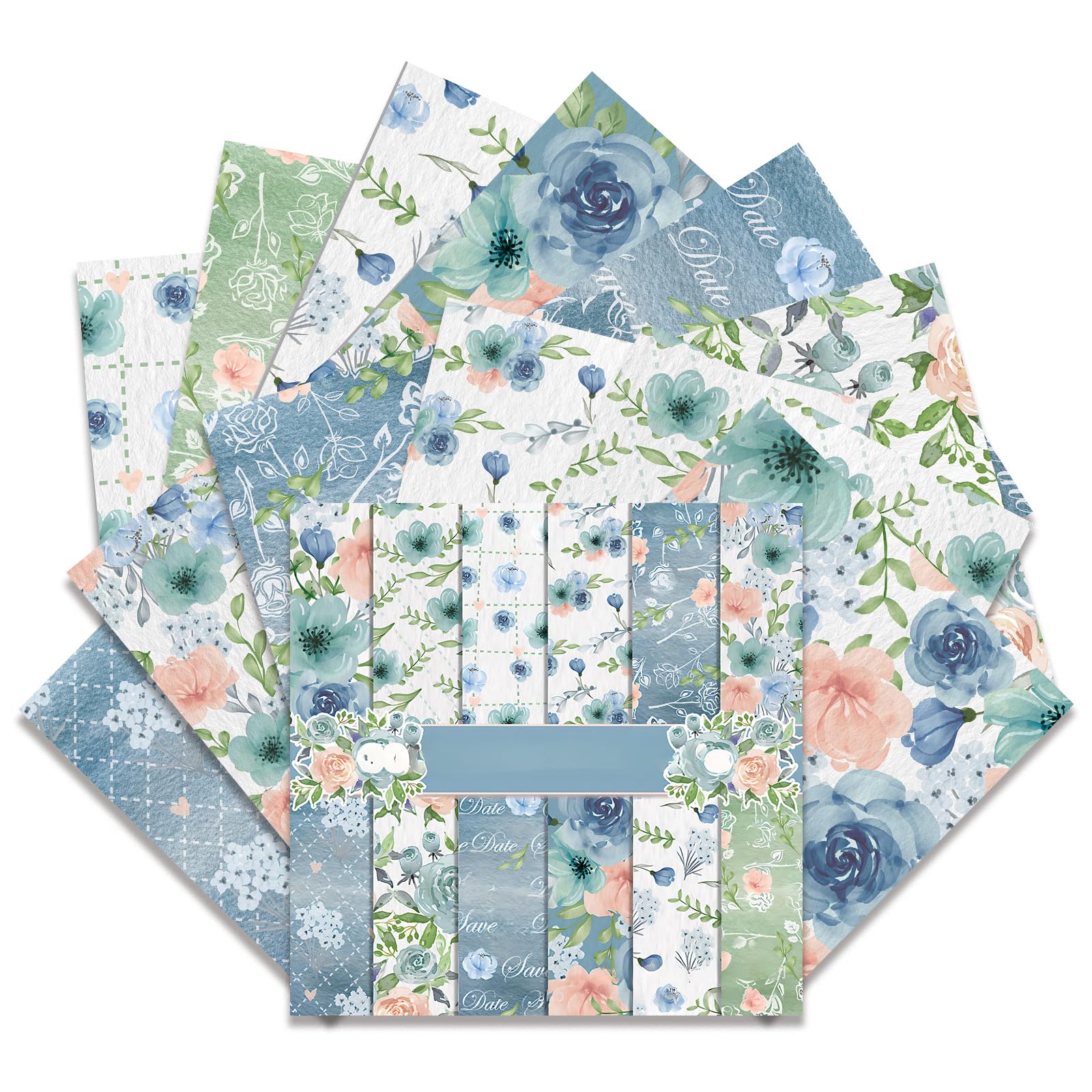 24 Sheet Double Sided Scrapbook Paper 12x12 Inch, Watercolour Floral, Blue