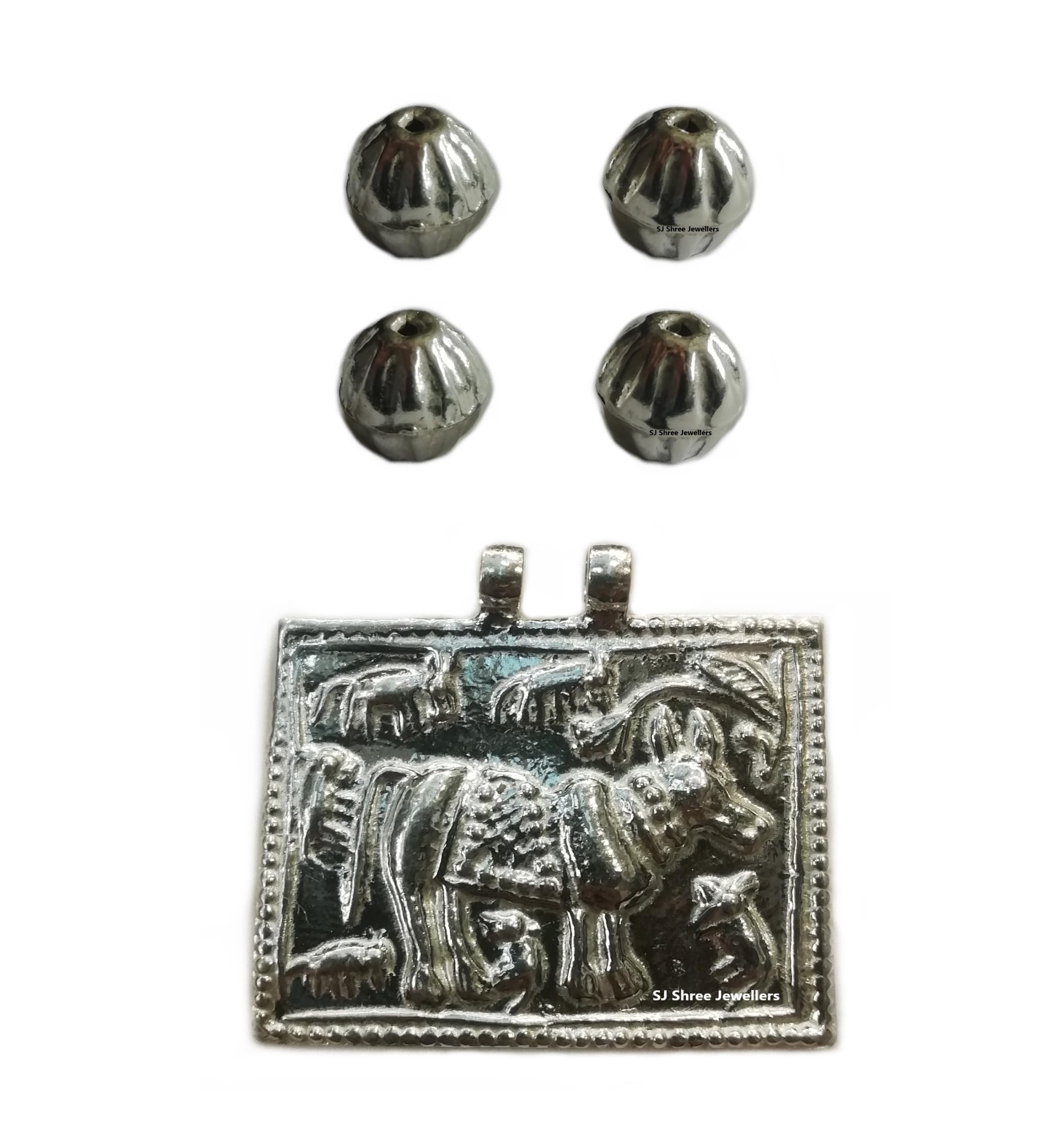 SJ Shree Jewellers Pure Sterling Silver Ahoi Ashtami Sahu Bachde, Ahoi Mata Pendant 1pcs & 4 pcs Silver Beads.
