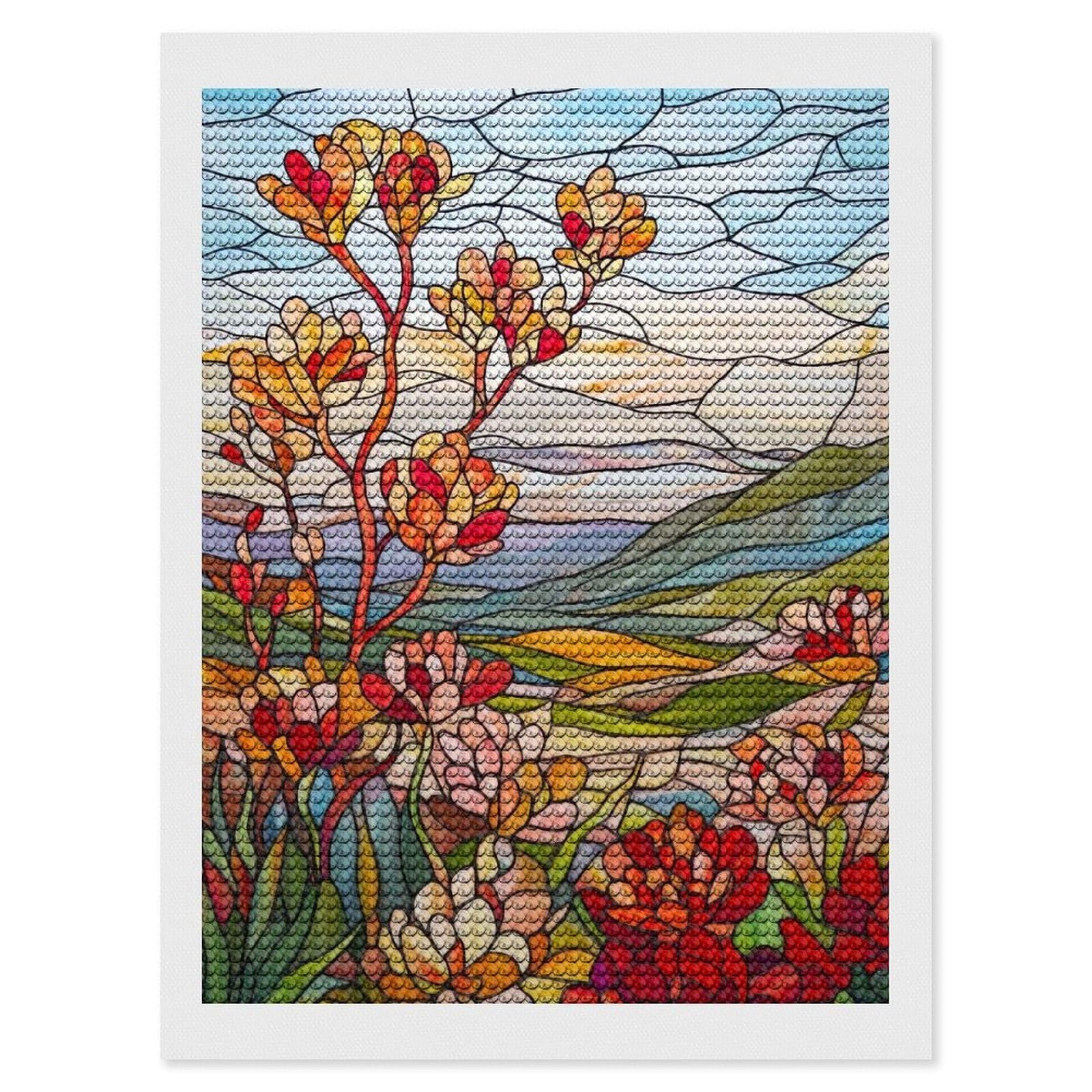 Junmoney Stained Glass Landscape Diamond Painting Set 12"x16", for Beginners, Modern Decor, Simple to Start, Gift Idea, Pleasing Wall Art Project