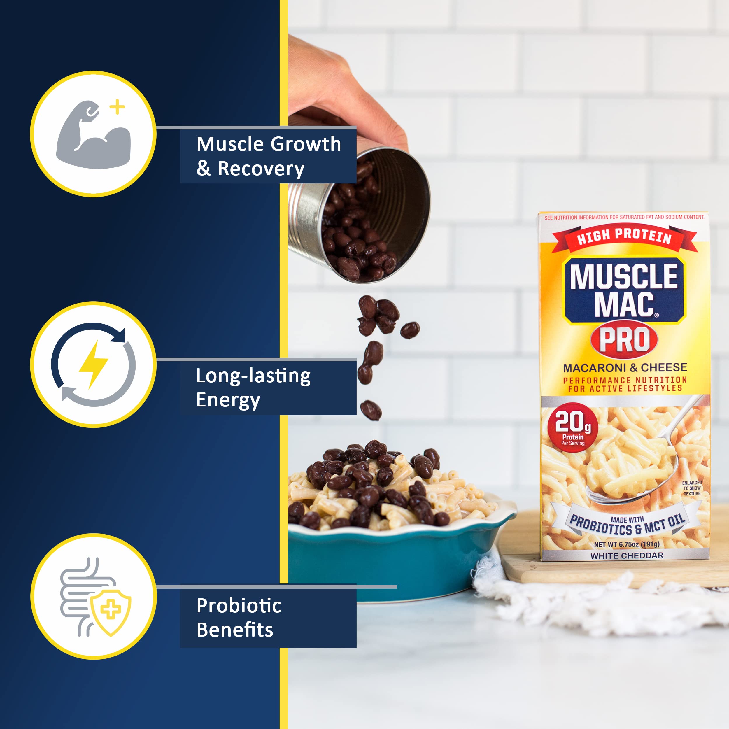 Macaroni and Cheese Carton Made With Probiotics And MTC Oil, 20g High Protein Per Serving Foods, Real White Cheddar Cheese By MUSCLE MAC PRO, (10 Pack)