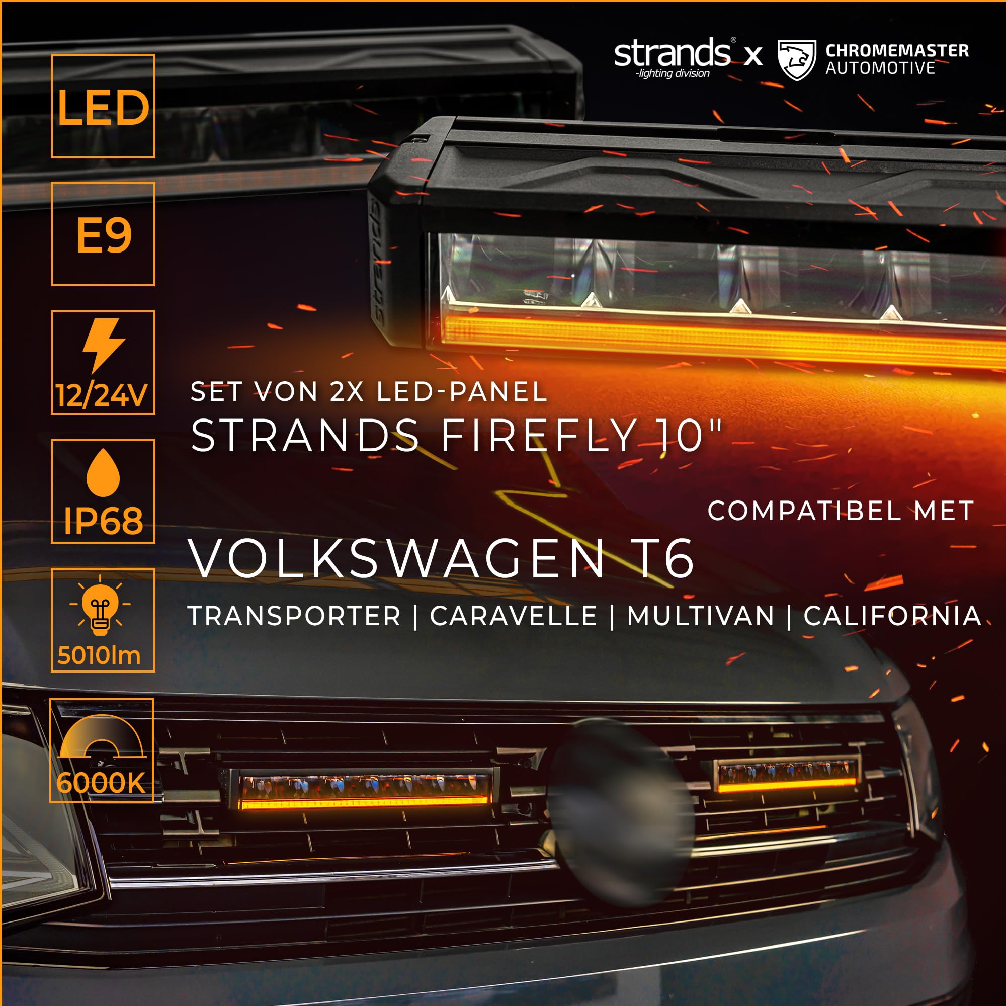 CHROMEMASTER | LED-Lampen im Fahrzeuggrill Kompatibel mit Volkswagen Multivan T6 2015-2019; 2x LED BAR Tagfahrlicht Strands Firefly 10’’, IP68, DT4-Stecker, E-Zulassung, 12-24V DC; 3 Leuchtmodi