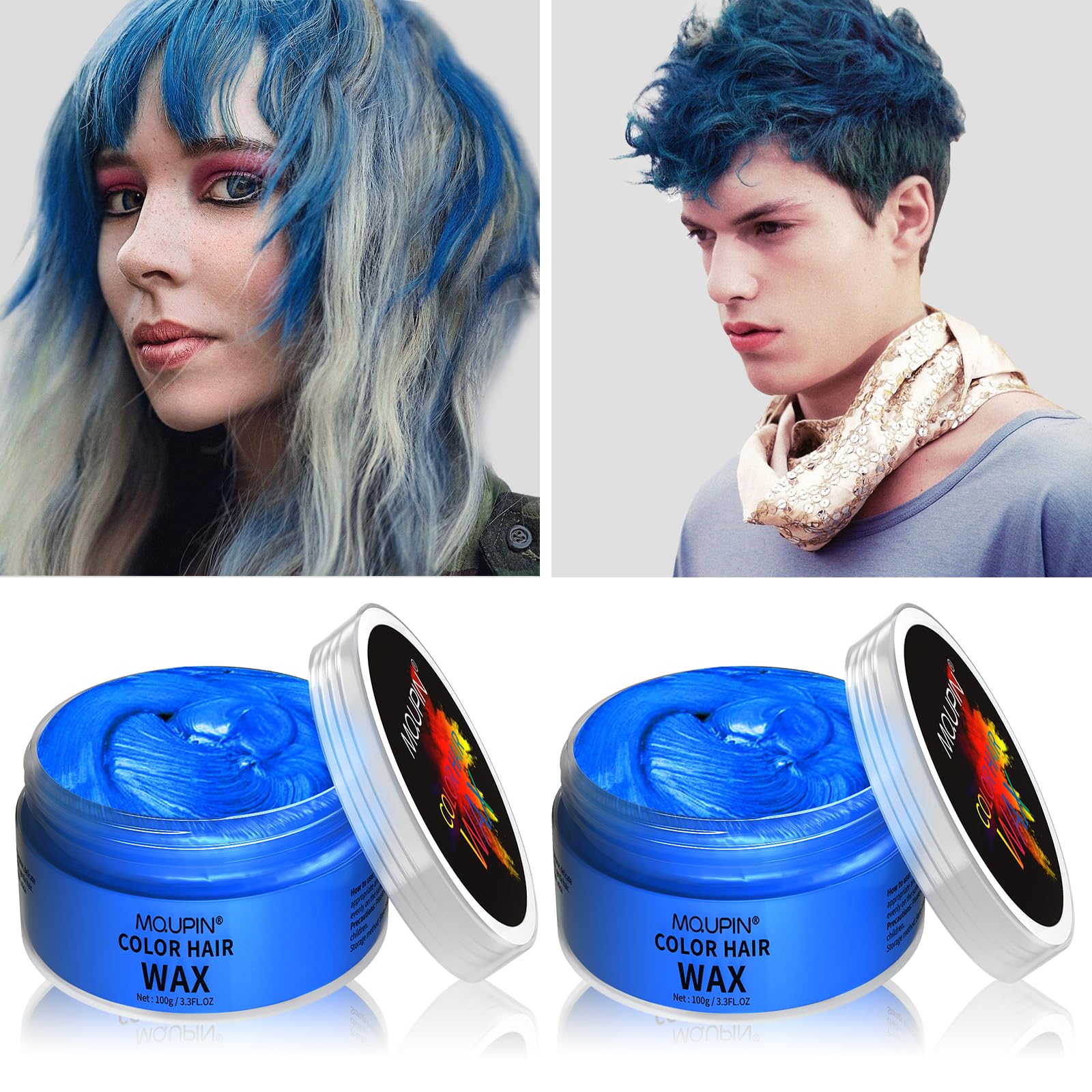 MQUPINTemporary Hair Dye Wash In Wash Out Hair Colour Wax, 2 Pack Coloured Hair Wax Kids Instant Styling, Safe Hair Colour Pomade Washable for Men, Women, Party, Cosplay (Blue)