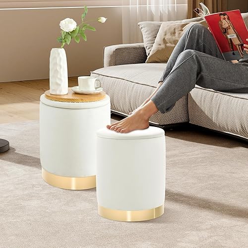 Miniatura 7 de Otomana redonda con almacenamiento juego de 2, otomanas tapizadas de terciopelo, taburete de tocador, otomanas multifuncionales, mesa de café,