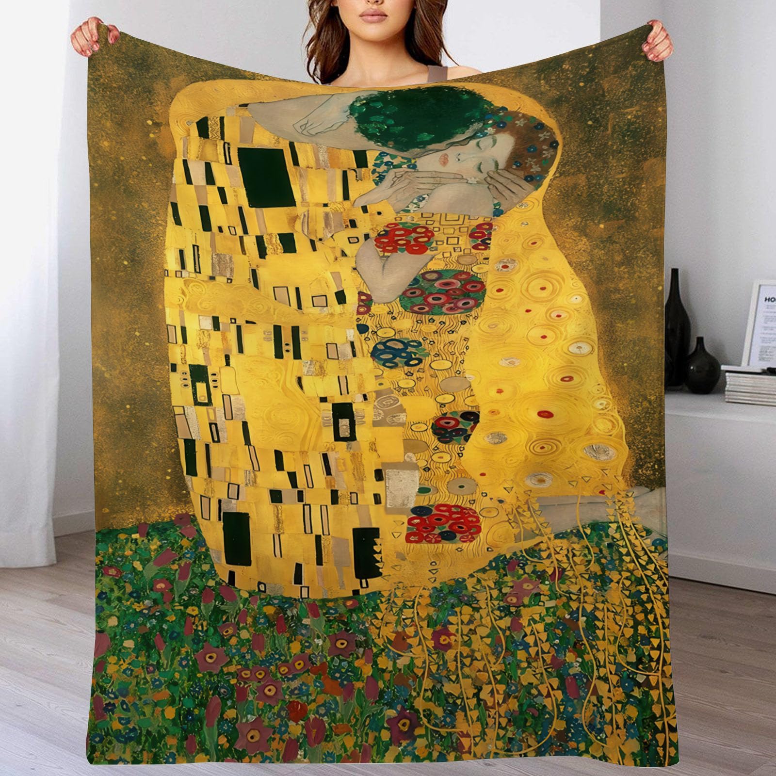 Manta de Franela con Estampado Lujo Flores Beso - Manta Clásico Pintura Al Óleo Forro Polar Suave y Mullida para otoño e Invierno - para Adolescentes y Adultos Sofá Oro Mantas 180x200 cm