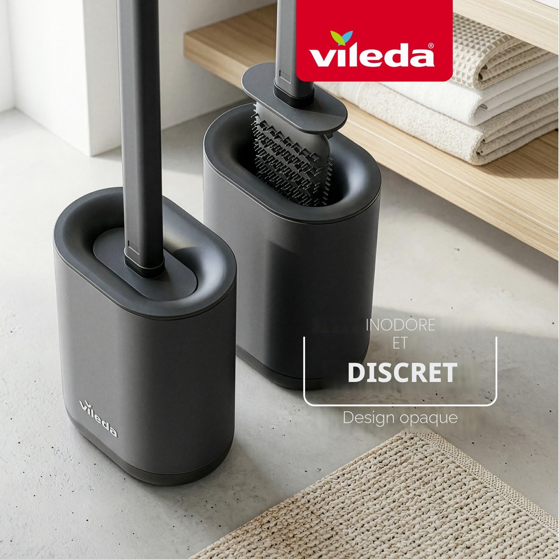 Vileda Brosse WC en Silicone avec tête Flexible et Manche en Acier Inoxydable - Brosse pour Toilettes à Zones de Nettoyage 2-en-1 - Hygiénique, Anti-odeurs, Inoxydable, séchage Rapide