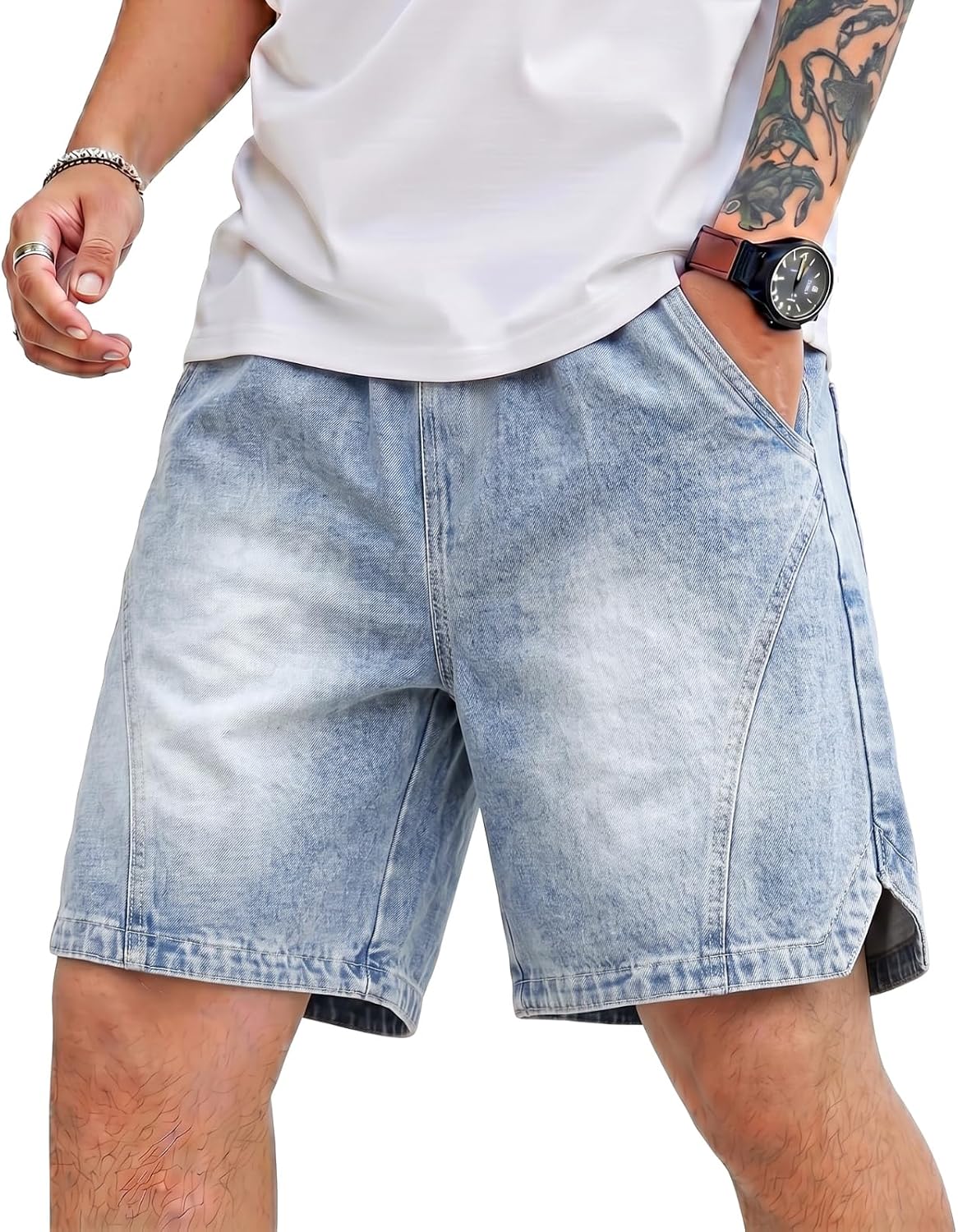 Heyfanee Mens Baggy Jean Shorts Loose Fit Elastic Waist Denim Shorts 7 Inch Inseam