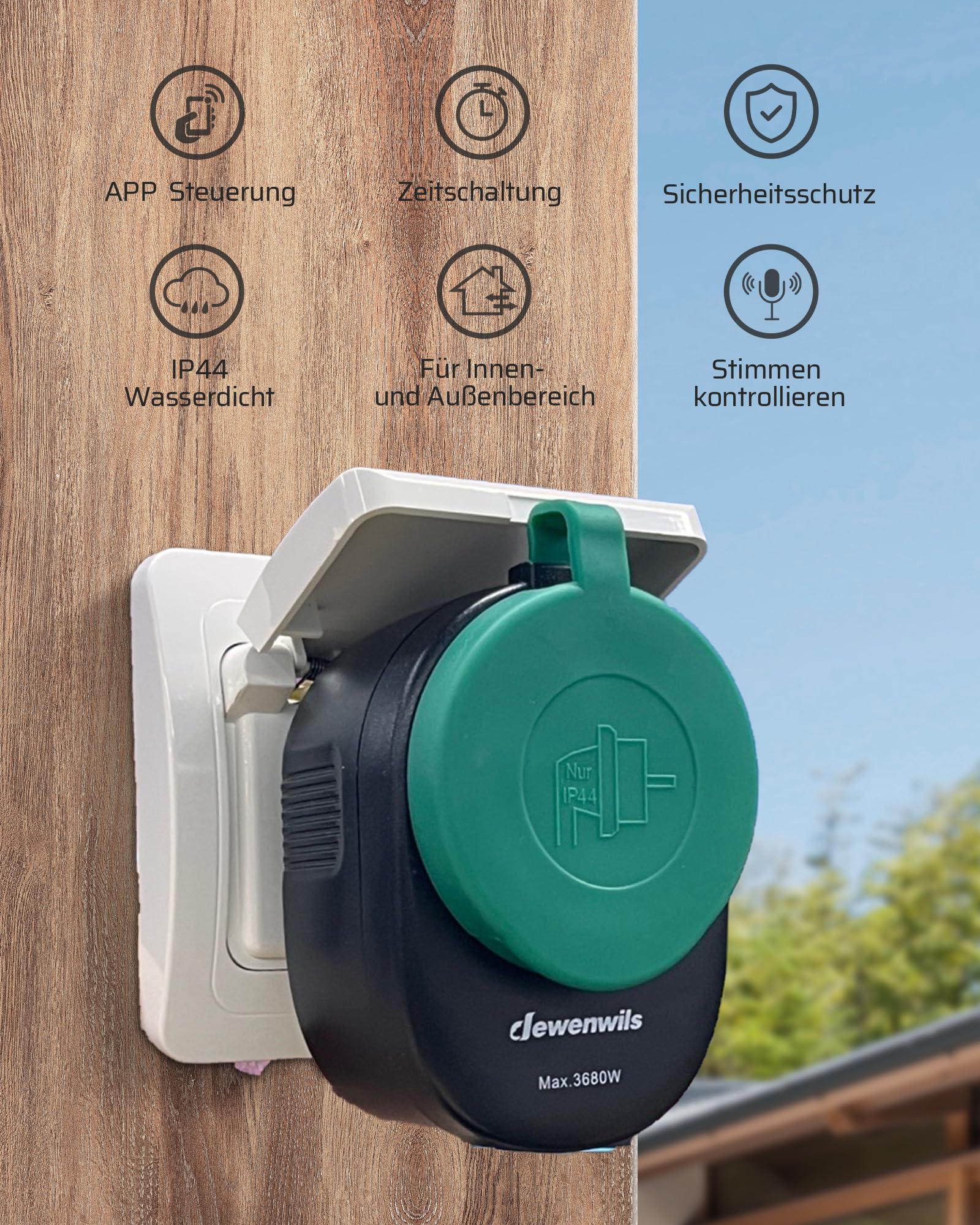 DEWENWILS Prise Wi-Fi d'extérieur IP44, aucun hub nécessaire, 3680 W | Prise intelligente sans fil compatible avec Alexa, Google Home et IFTTT, étanche IP44, idéale pour l'extérieur