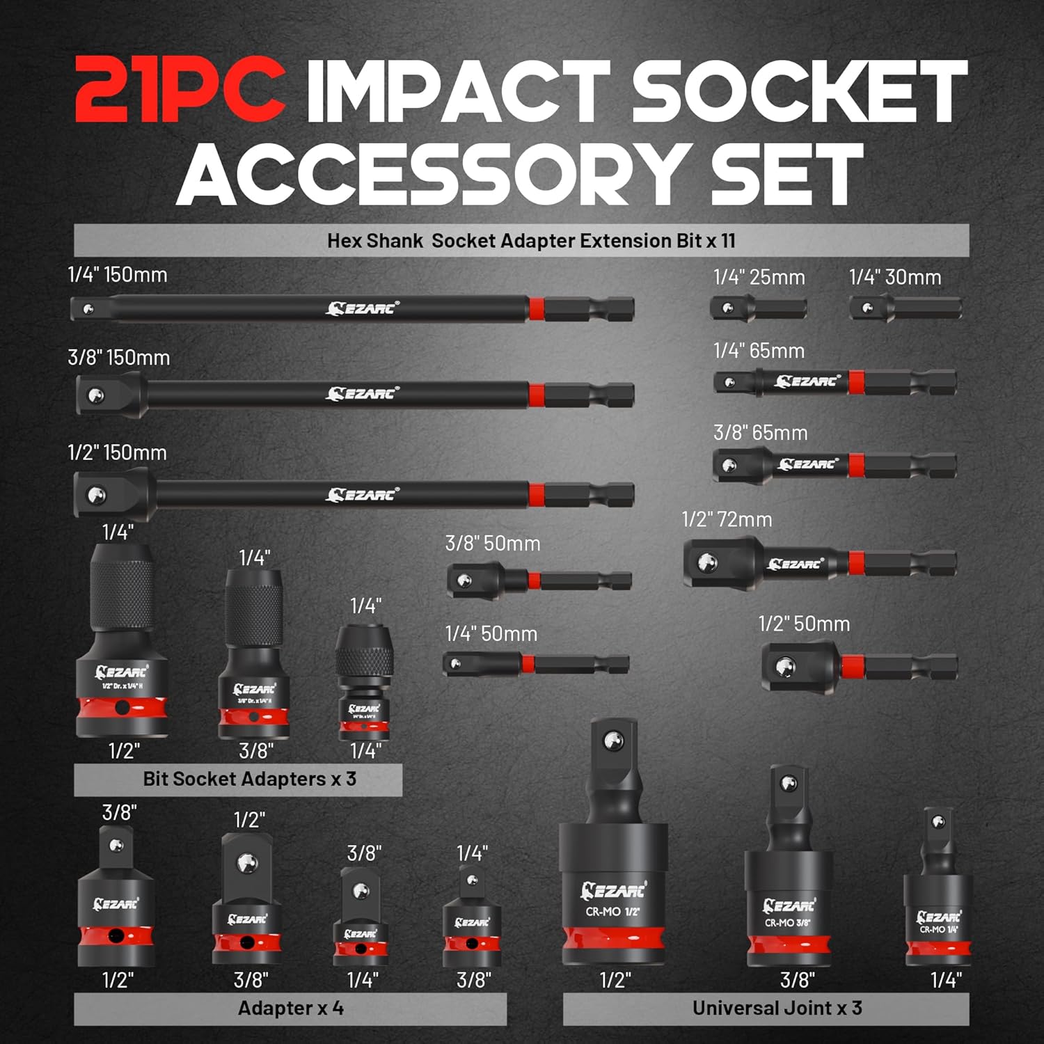 EZARC 21PCS Impact Socket Adapter Set, Includes CR-MO Universal Swivel Socket Set, CR-MO Impact Couplers, CR-V Reducers, CR-V Hex Extension Bits, Square Drive Sockets, 1/4", 3/8", 1/2" Drive