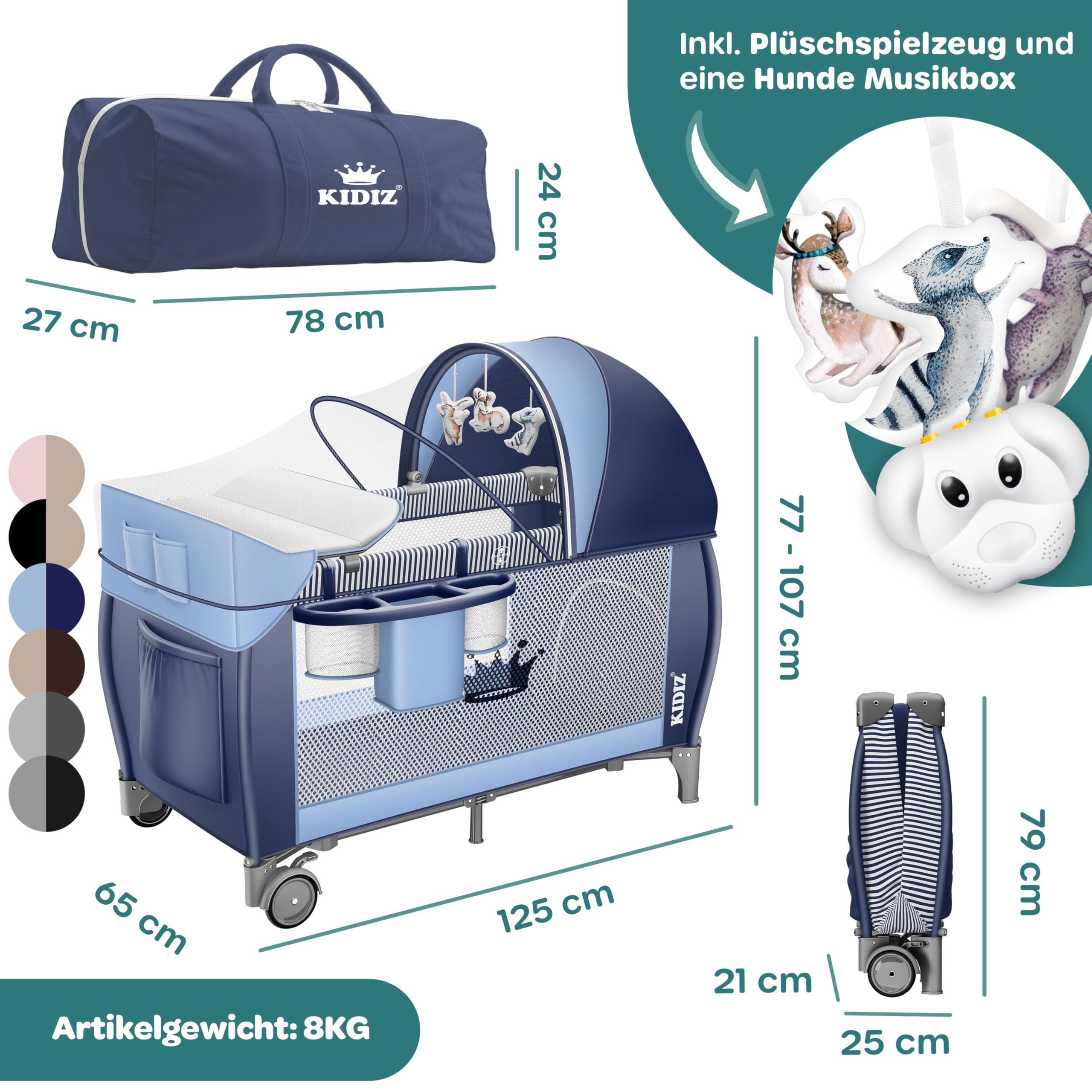 KIDIZ® Łóżeczko dziecięce 3 w 1, turystyczne, zestaw kombi, łóżeczko z przewijakiem, moskitiera, kojec, do 15 kg, przewiewne ściany boczne z wejściem bocznym, składana torba transportowa, niebieski