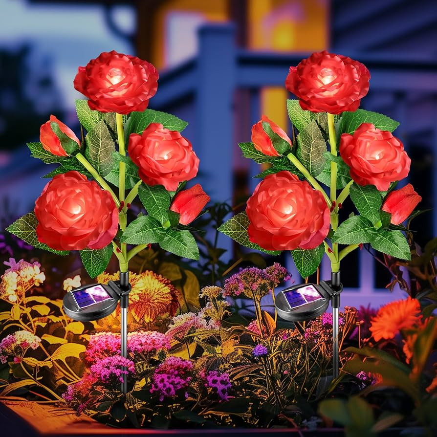 Solar Flowers Lights Outdoor Decorative: Garden Light Waterproof For Yard Outside - Red Rose Romantic Decorations For Patio Grave- Valentines Day Gifts For Women Mom Wife