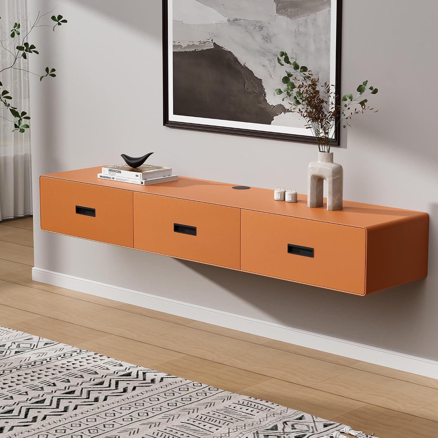 VICITON Floating TV Stand, Modern Wall Mounted Entertainment Center with 3 Drawers for Living Room Media Console (Orange, 63") Orange 63"