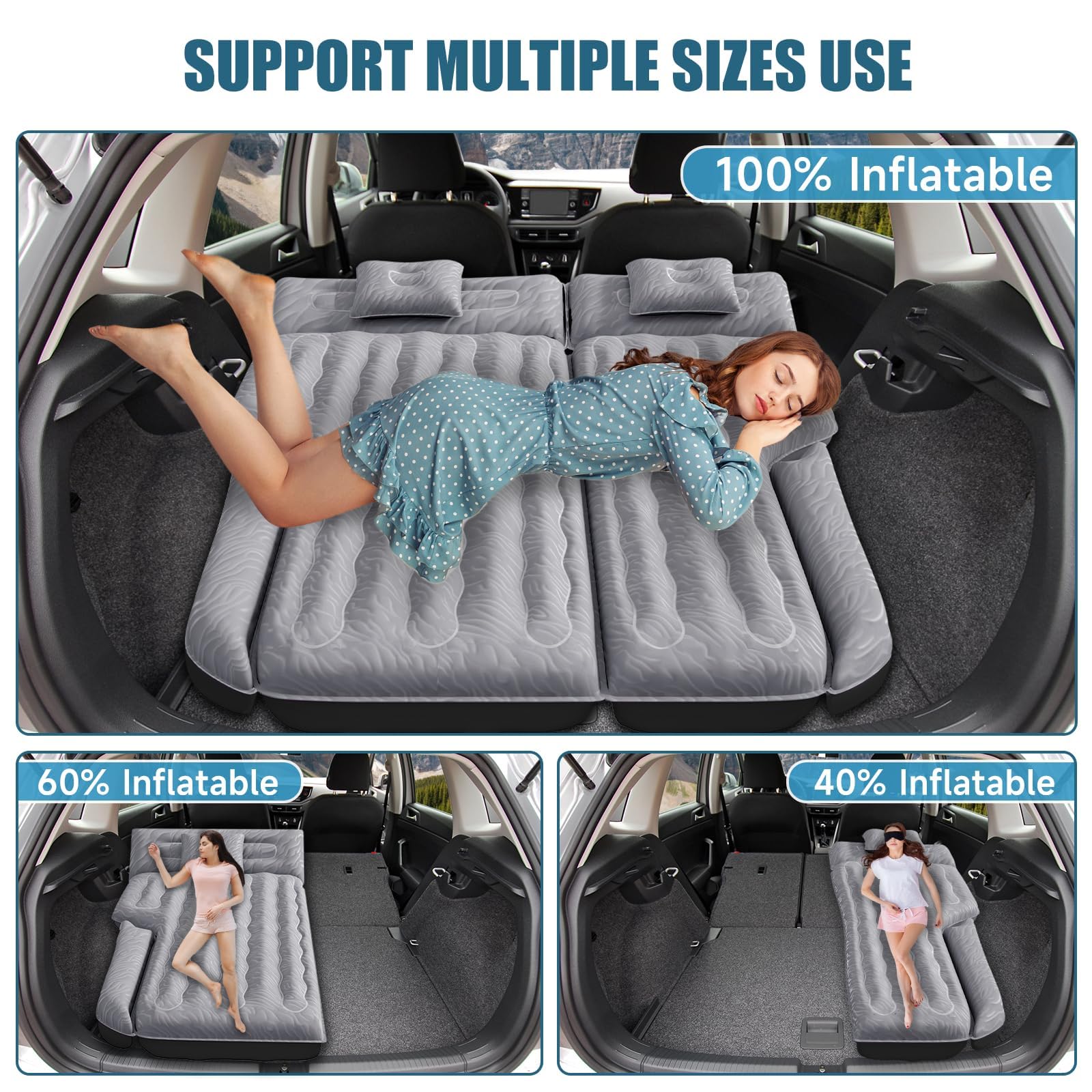 Car Air Mattress, Inflatable SUV Truck Air Mattress Back Seat Camping Bed Thickened Car Sleeping Pad for Travel, Car Bed SUV Mattress with Air Pump 2 Pillows: Silver Grey SUV Air Mattress