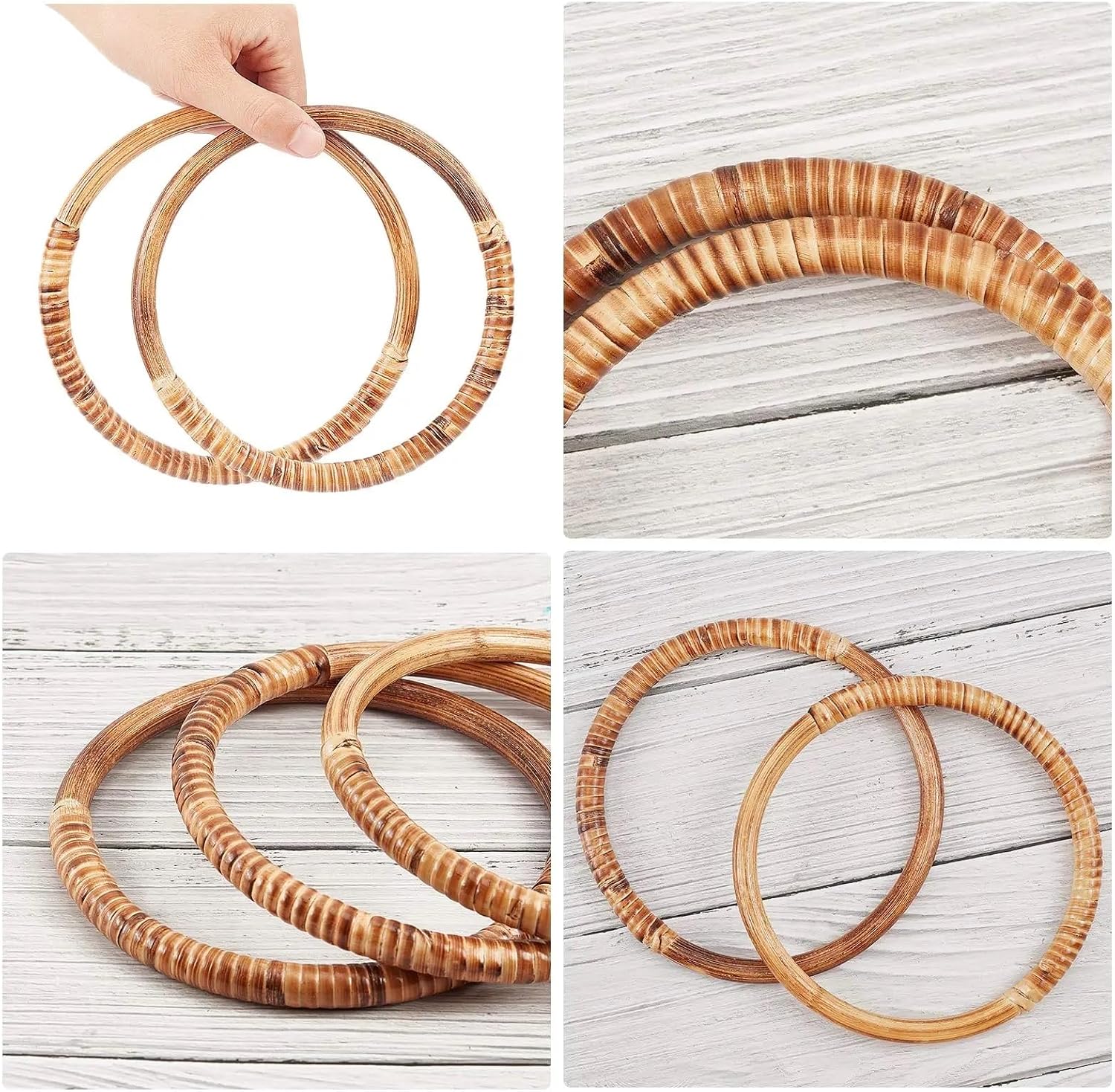 Wooden Purse Handles 6 Pcs Rattan Woven Wood Round Shaped Handles 6Inch Replacement Decorative for Handmade Bag DIY Crocheted Purse Accessory