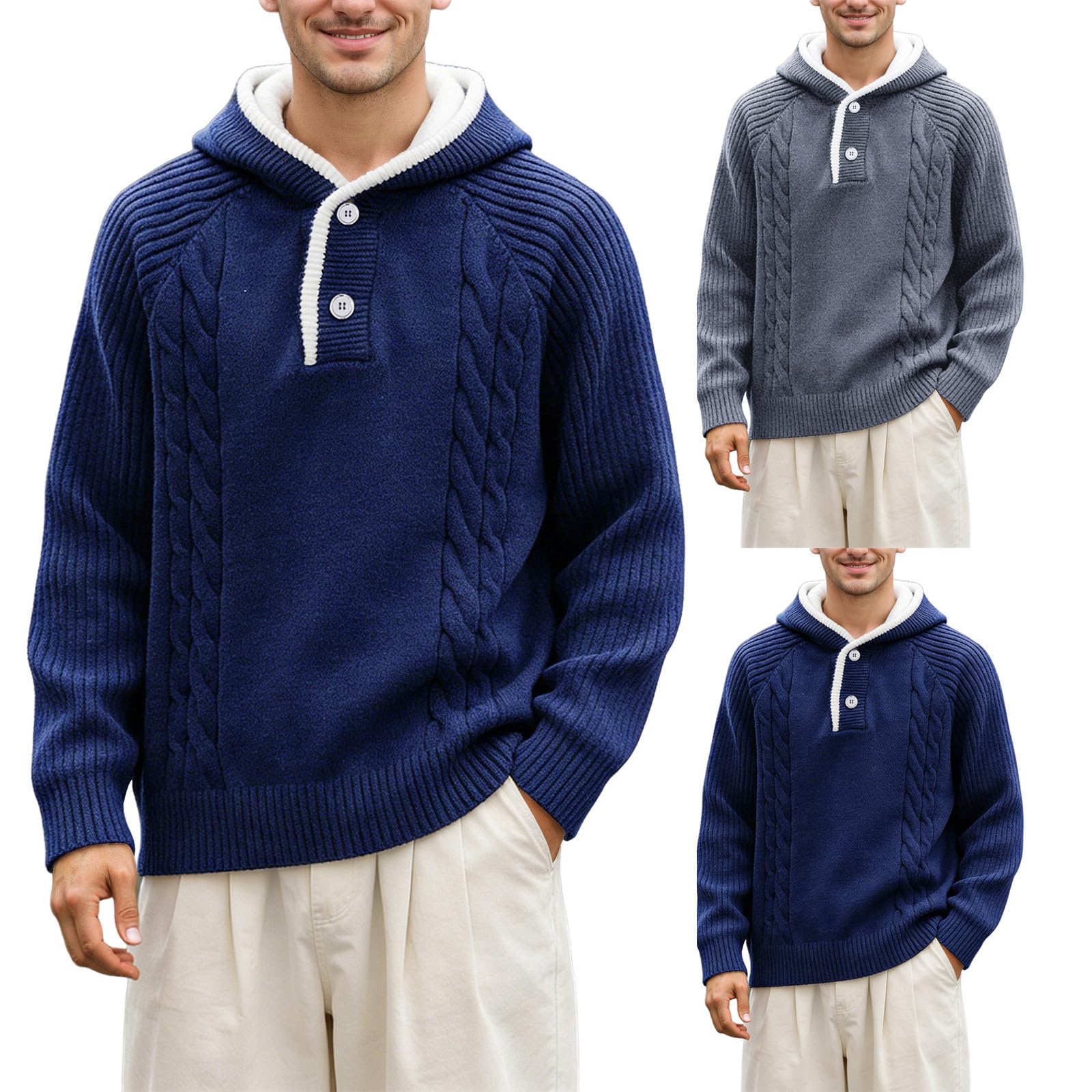 Maglione Uomo Invernale Lana Con Cappuccio Bottoni A Treccia Oversize