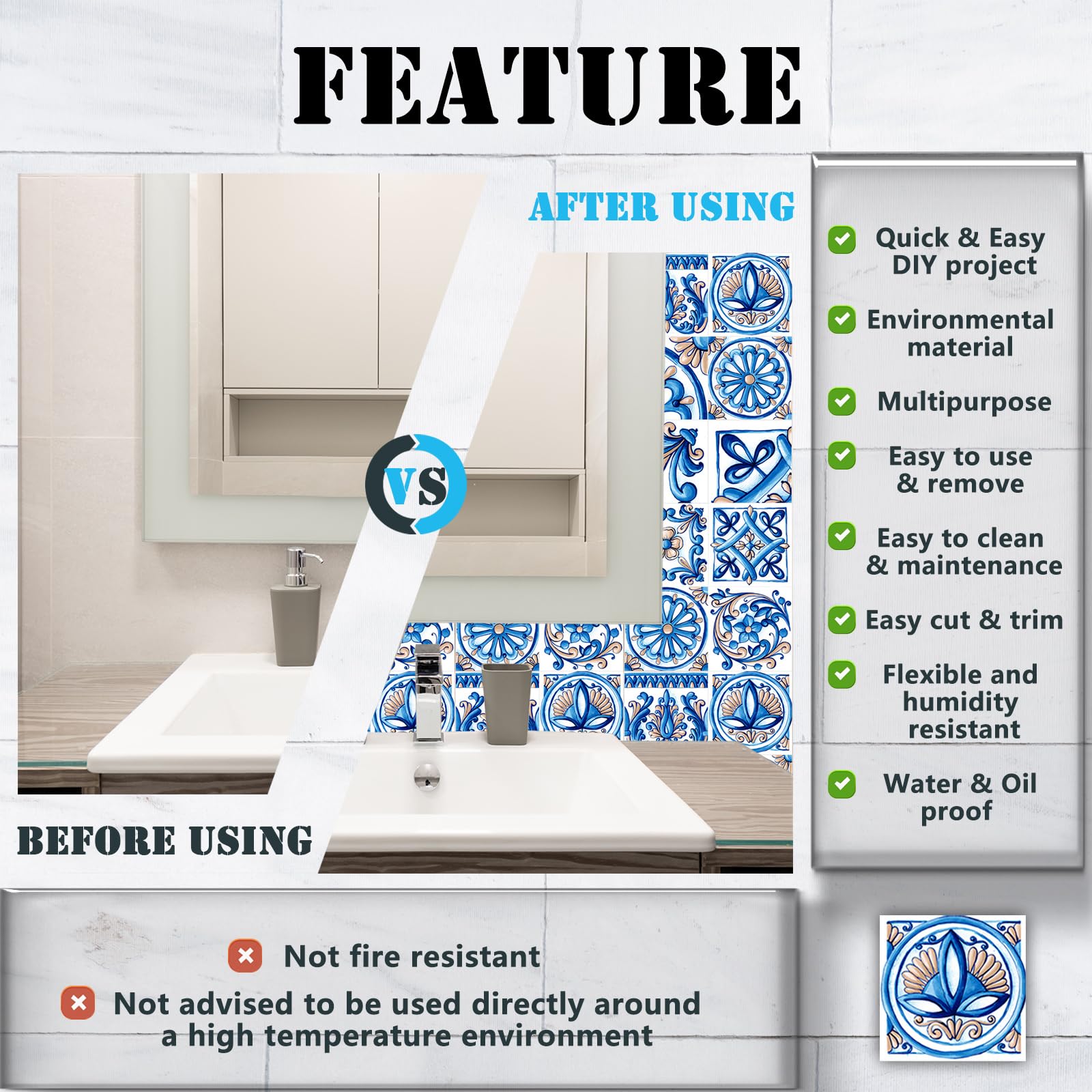 Confezione da 20 adesivi per piastrelle per cucina e bagno, impermeabili in PVC, decorazione da parete autoadesiva, decorazione a mosaico in stile architettonico retrò (20,3 x 20,3 cm, blu)