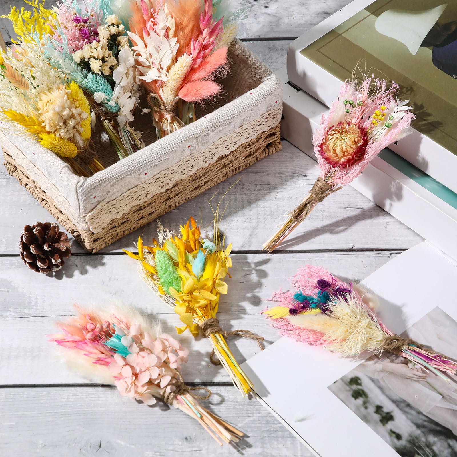 Layhit Boho-Trockenblumenstrauß, Mini-Hochzeit, handgefertigt, Trockenblumen, Dekoration für Vasen, Basteln, Foto-Boutonniere für Männer, Blumenpflanze für Brautjungfer, Geschenk