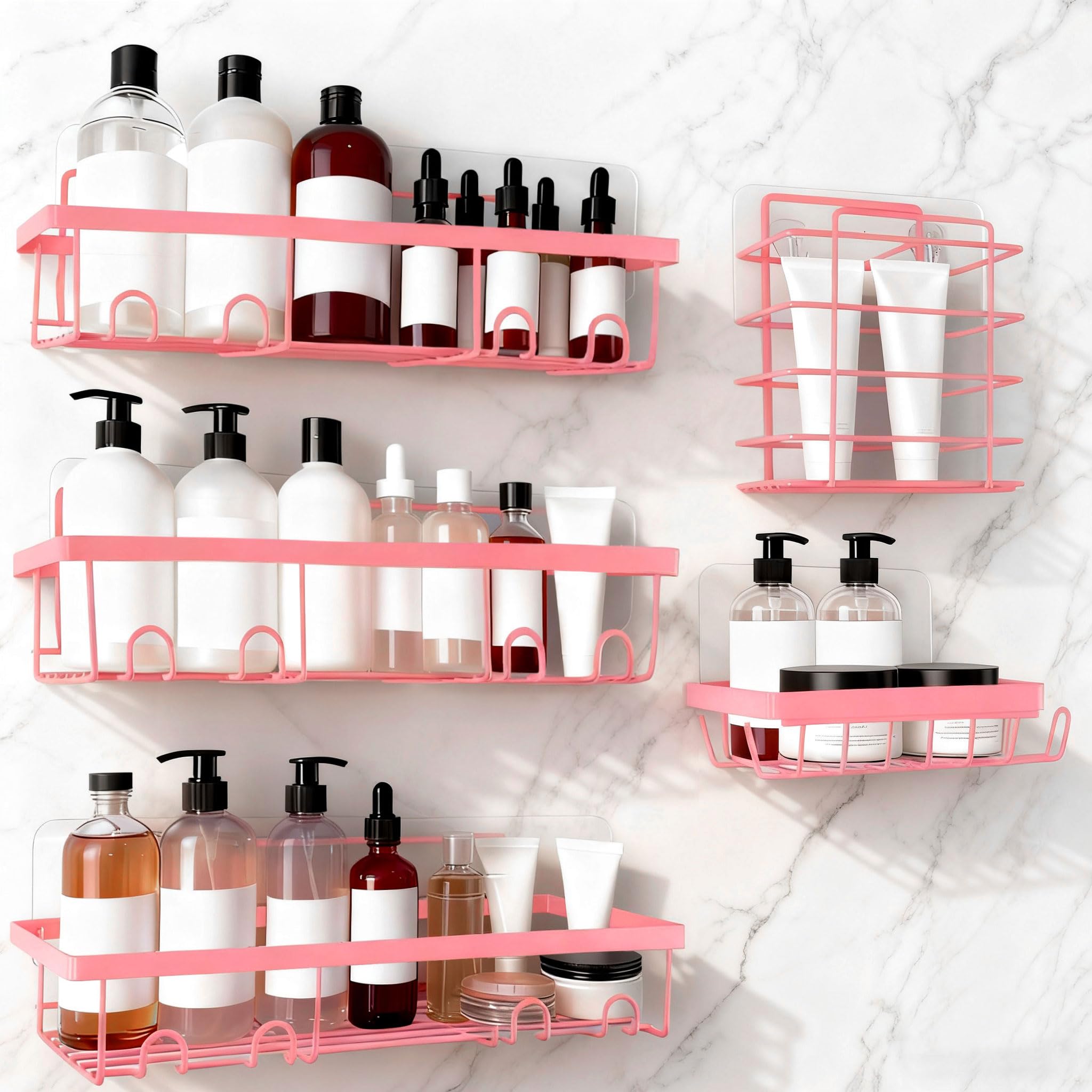 Gabotrie 5 Pack Shower Caddy Pink Stainless Steel Shower Shelves Adhesive Showers Organizer No Drilling Rustproof Bathroom Shelves