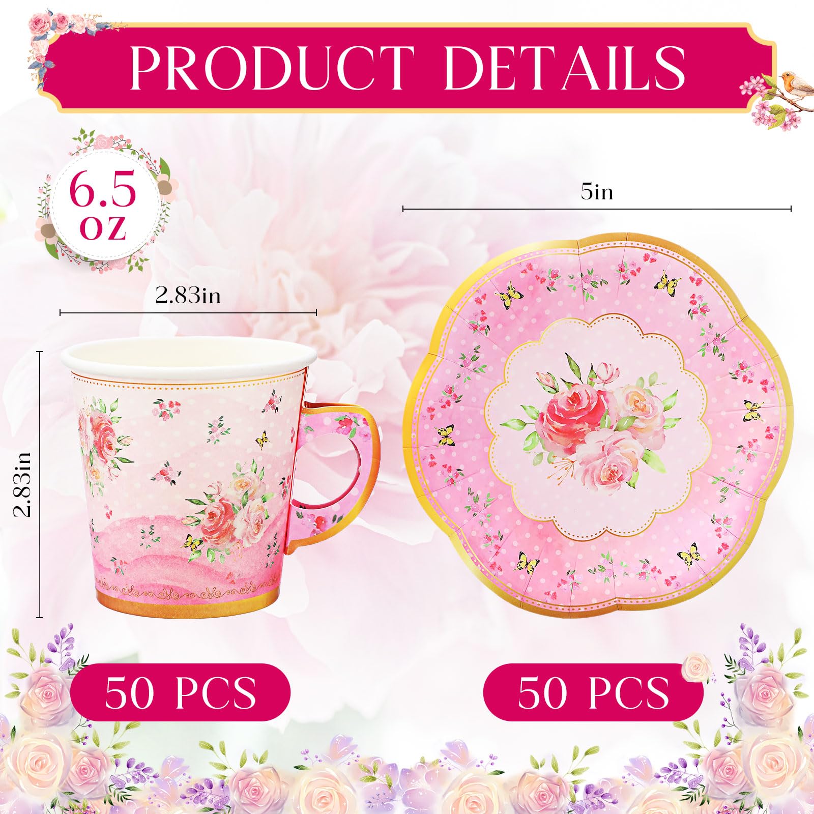 Rtteri 100 Pcs Tea Party Decorations - 50 Pcs Disposable Pink Floral Tea Cups & Saucers - 6.5 oz Capacity - Ideal for Tea Parties, Birthdays & More