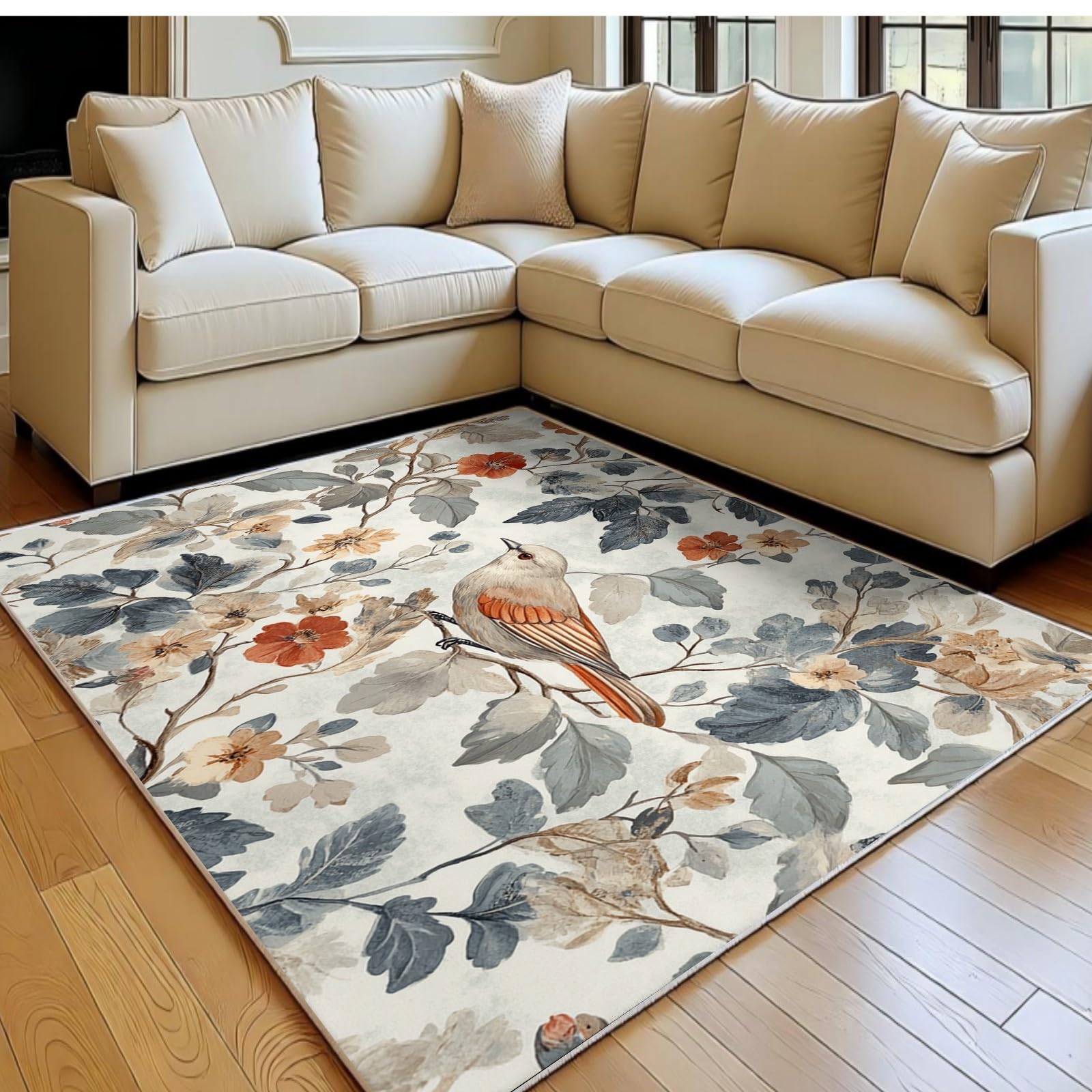 Tapis de salon 60 x 90 cm marron clair aux motifs de plantes et oiseaux rétro à poil ras