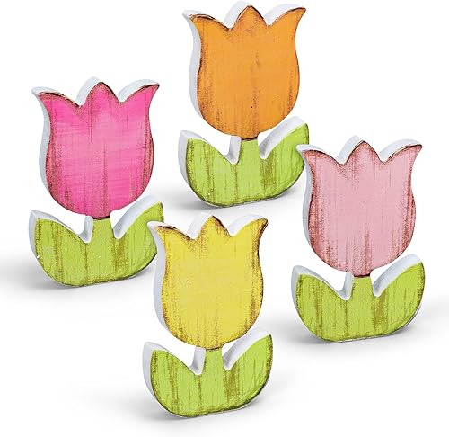 Whaline 4 letreros de madera de tulipanes de primavera, adornos de mesa retro de tulipanes en forma de tulipán, centros de mesa rústicos, tulipanes