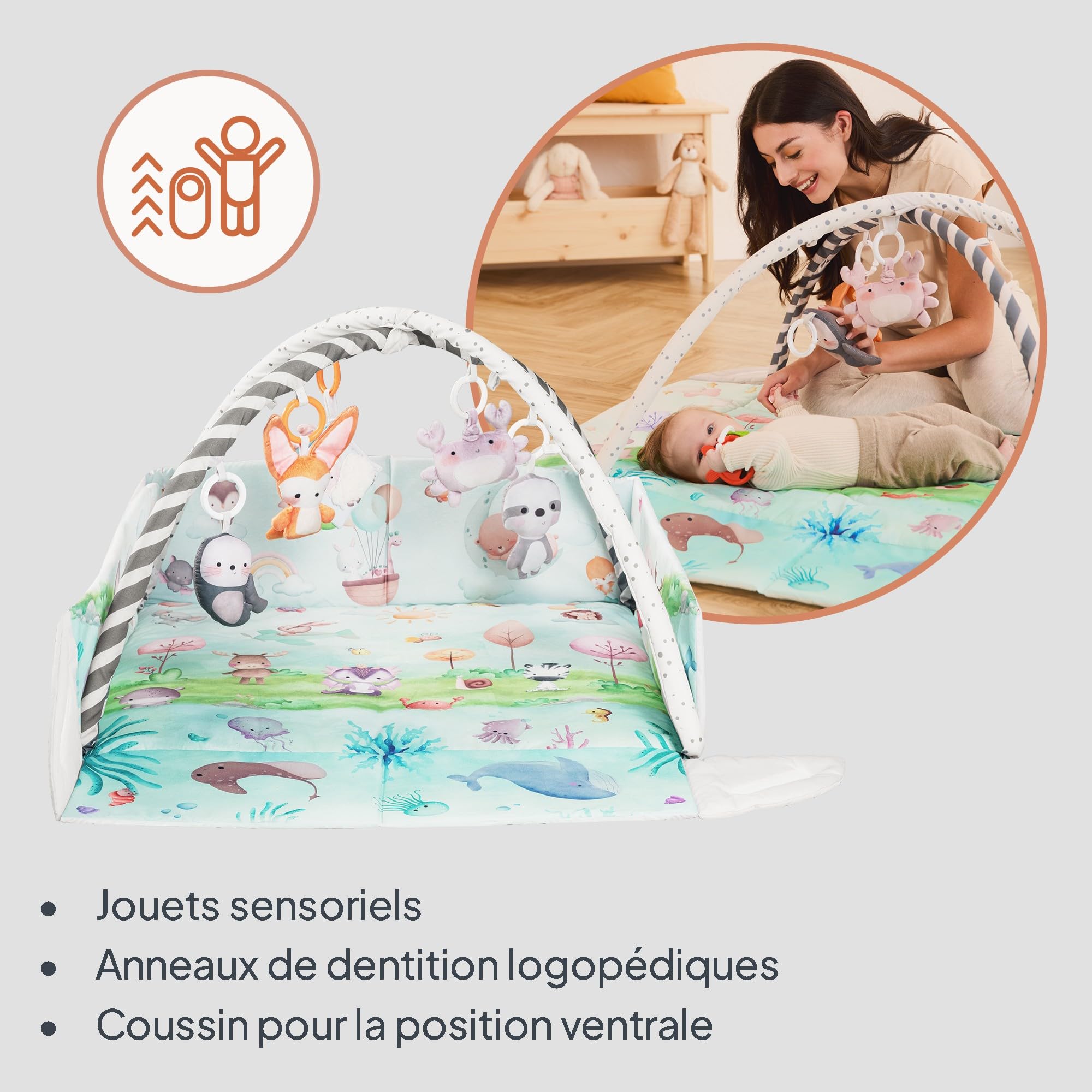 Lionelo Anika Natural tapis d’eveil bebe en bambou, 8 jouets bébé amovibles, arche d'eveil bebe, coussin tummy time, dès la naissance (Natural)