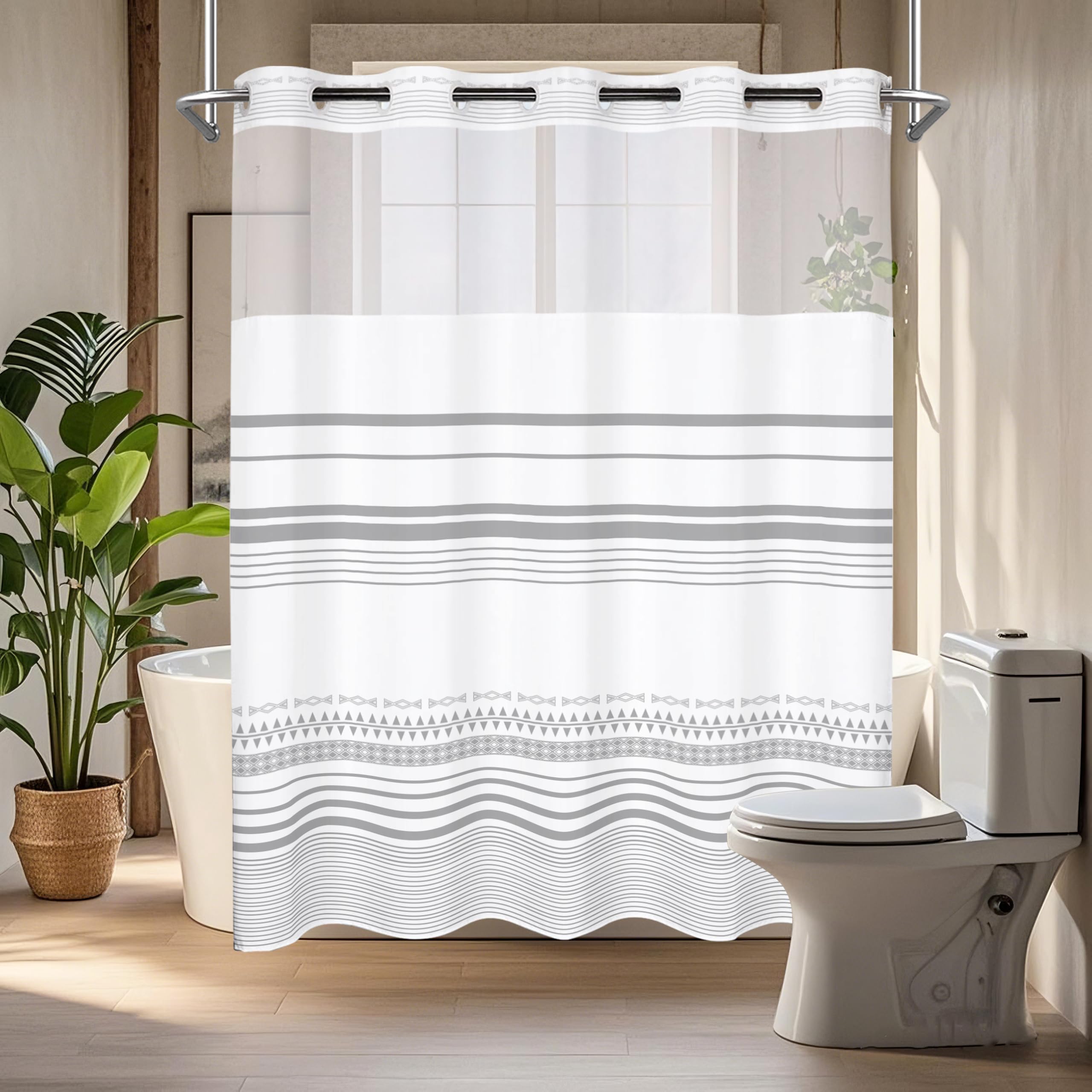 TYTYUU No Hook Striped Shower Curtain with Snap in Liner and Liner Set, Farmhouse Gray and White Fabric Shower Curtain for Bathroom Hotel Decor,