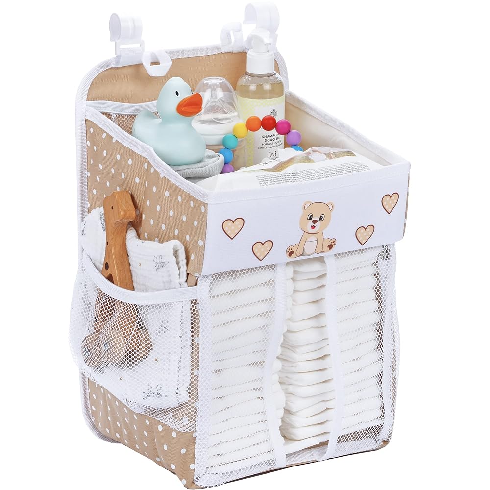 CRADLE STAR Hanging Diaper Caddy - Baby Shower Gifts Diaper Organizer for Changing Table - Hold 50+ Diapers - Nursery Baby Essentials for Newborn - Teddy Design - 17x9x9 inches