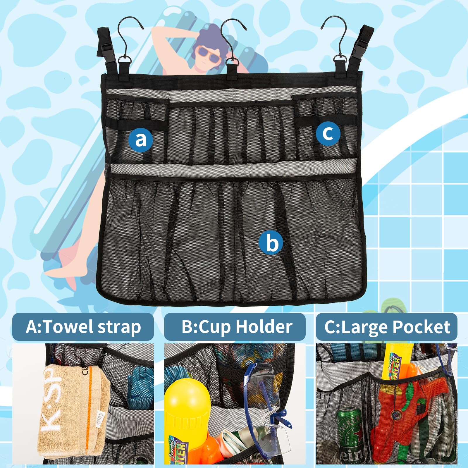 Red de almacenamiento para piscina, bolsa de almacenamiento, organizador de almacenamiento para piscina de jardín, plegable, bolsa de malla para juguetes hinchables, círculo de natación