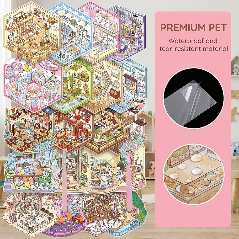 Pegatinas 3D con Escenas, 20 Sets Libro de Pegatinas 3D para Casa DIY, Pegatinas de Bricolaje para Aliviar el Estrés, House Stickers Creativos con Pegatinas PET para Decoración del Hogar Pegatinas 3D con Escenas, 20 Sets Libro de Pegatinas 3D para Casa DIY, Pegatinas de Bricolaje para Aliviar el Estrés, House Stickers Creativos con Pegatinas PET para Decoración del Hogar