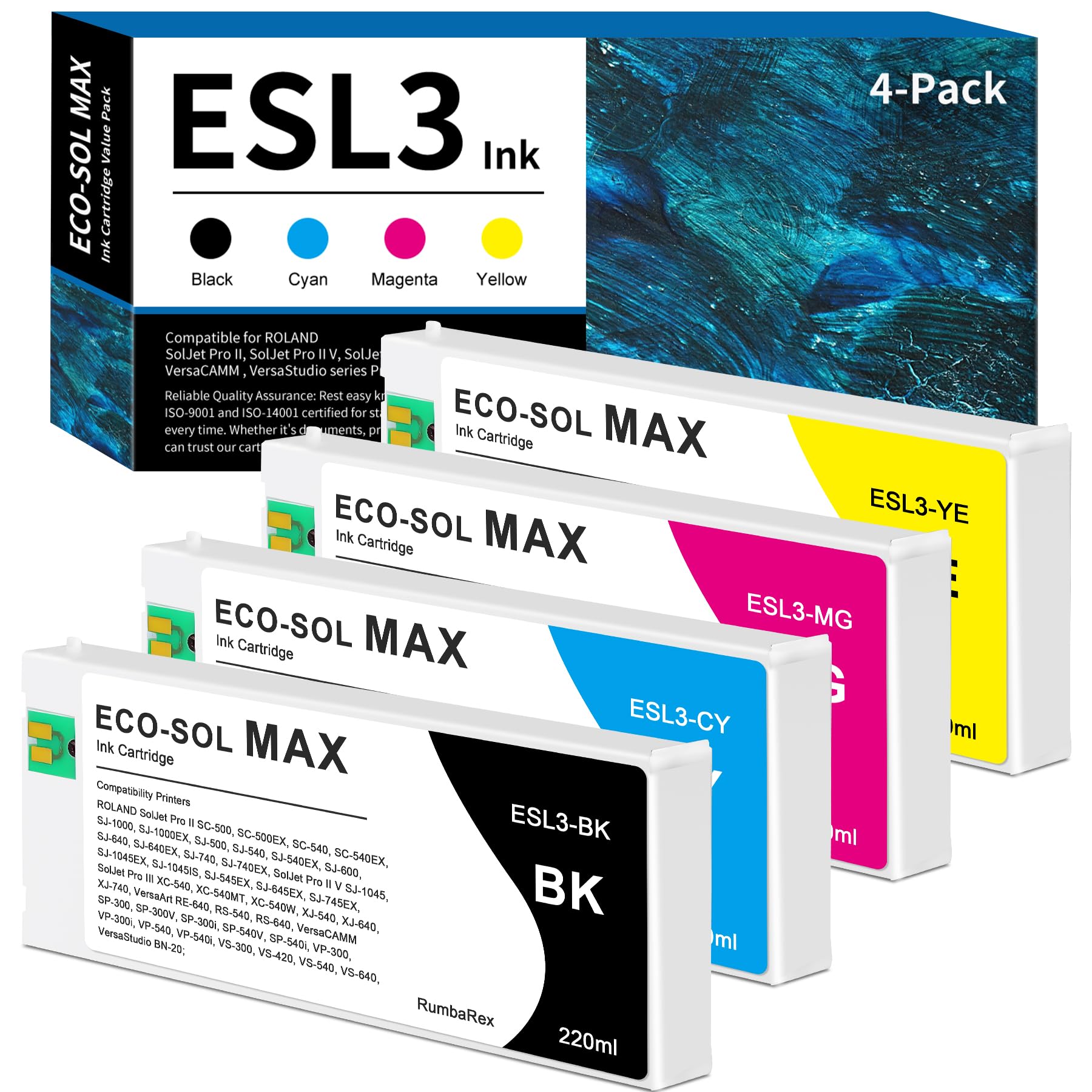 Photo 1 of RumbaRex Compatible for Roland ECO-SOL MAX Ink Cartridge 220ml, ESL3 Ink Cartridges ESL3-CY ESL3-MG ESL3-YE ESL3-BK Ink Cartridges Set 4-Pack (Black, Cyan, Magenta,Yellow)