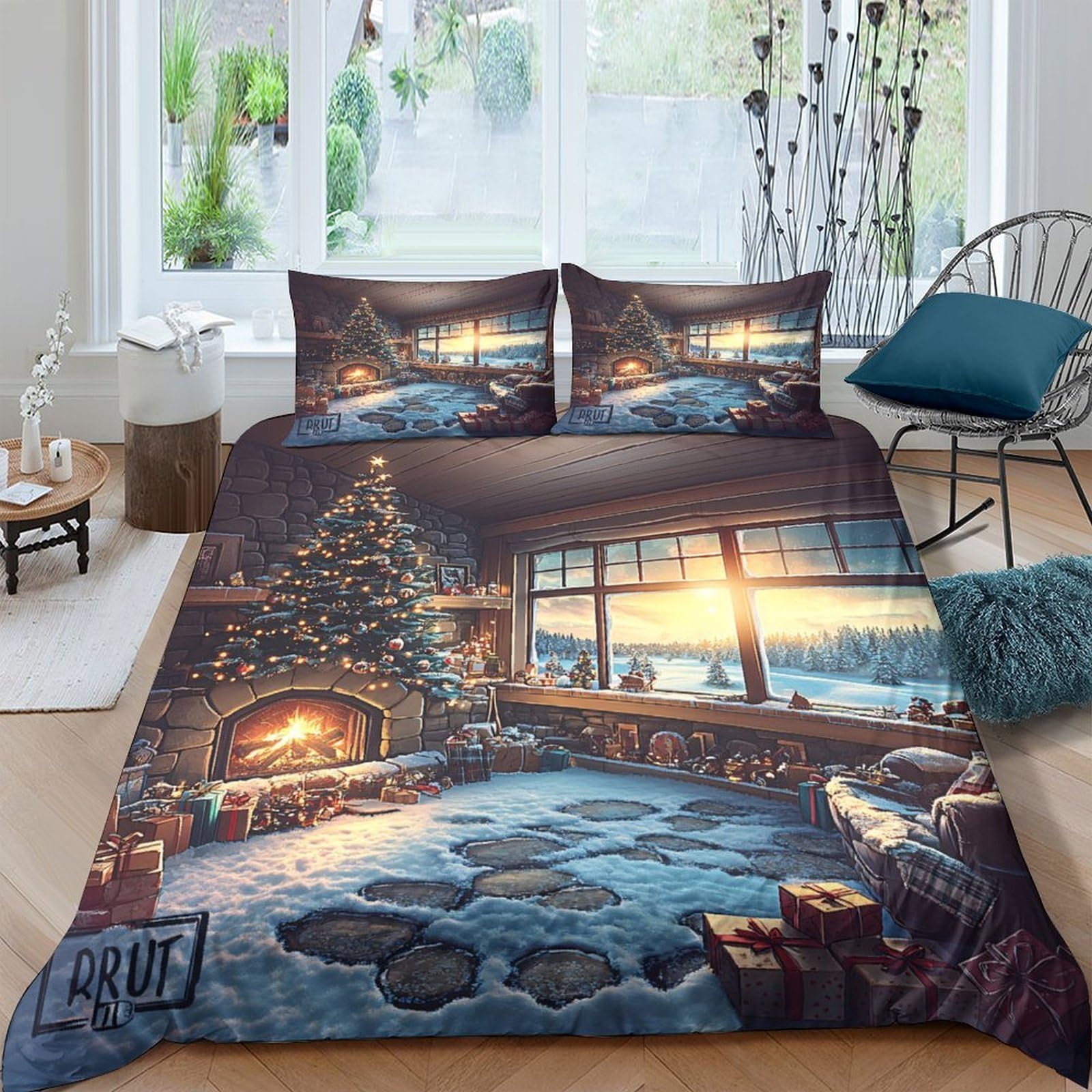 Ctjqhvkz Style-8 3D Printed Cozy Fireplace Fitted Sheet Microfiber Warm Cabin View Bed Cover For Bedroom Dorm Mattress Protection Decor Single（135X200cm）