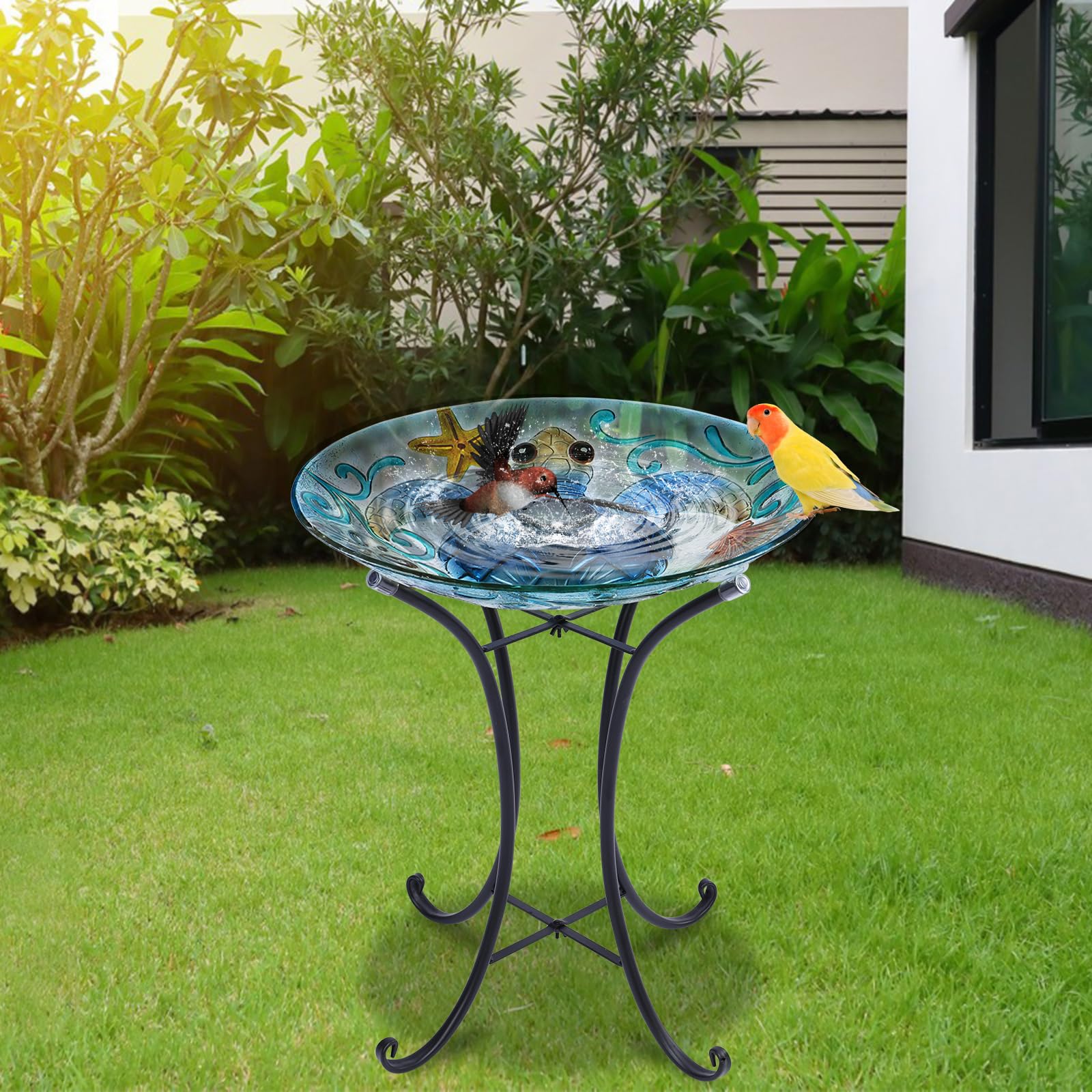 MUMTOP Glass Bird Bath, Bird Baths for Outdoors, Solar Birdfeeder with Metal Stand for Garden, Yard, Lawn Decor Sea Turtle Pattern(Blue, 21.5"X18")
